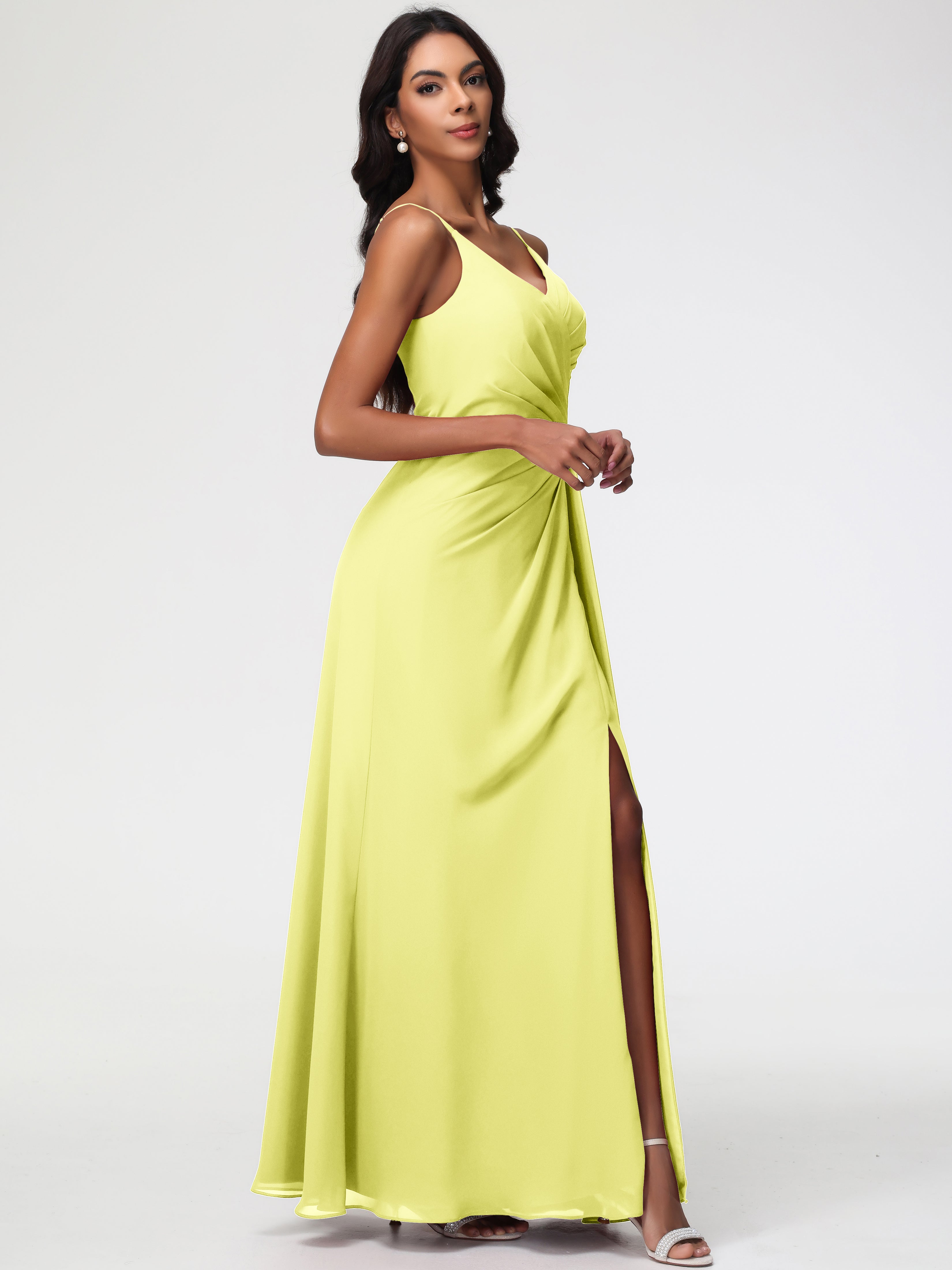 A-Line V-Neck Sleeveless Spaghetti Straps Pleats Chiffon Bridesmaid Dresses With Split
