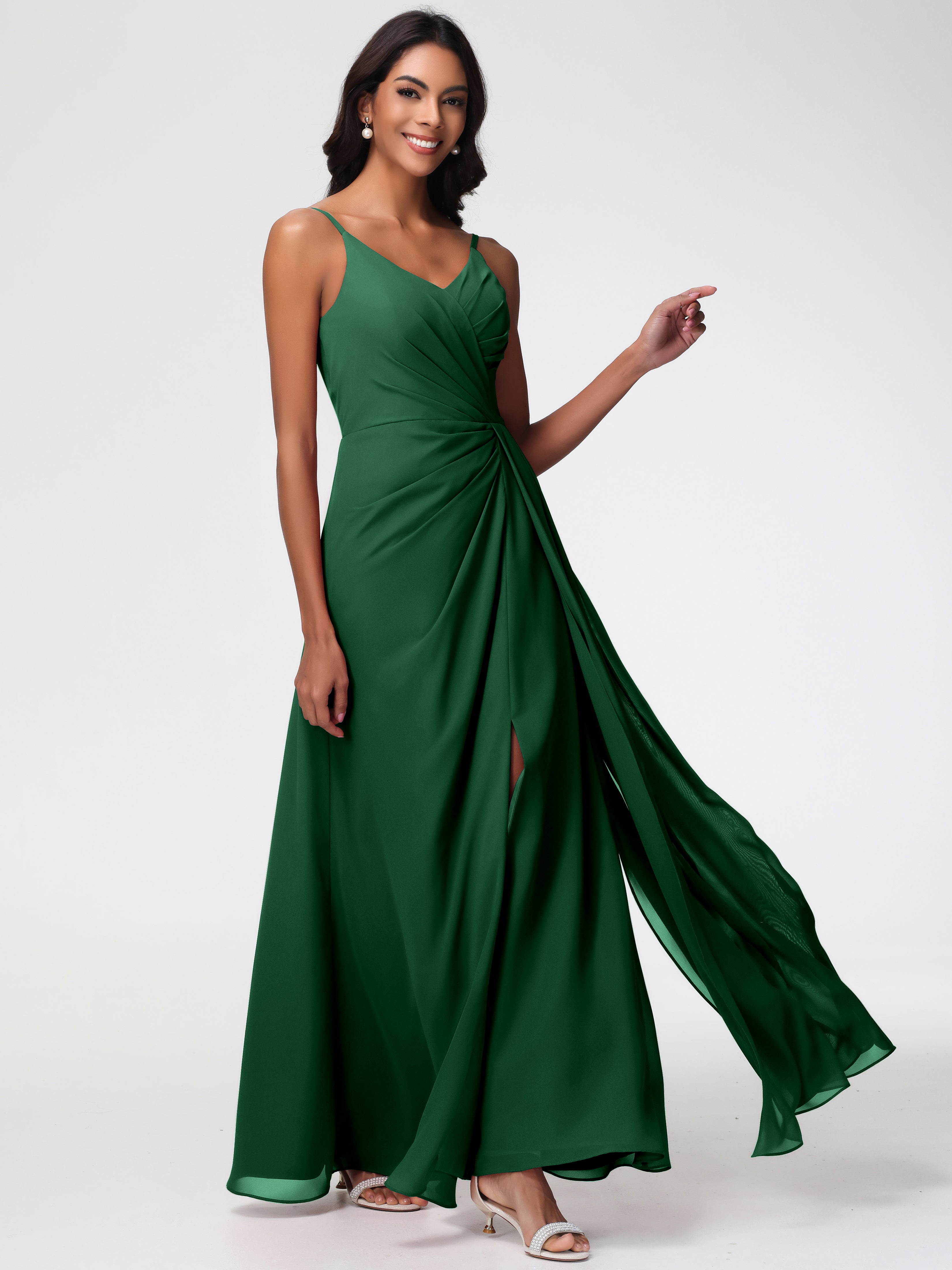 A-Line V-Neck Sleeveless Spaghetti Straps Pleats Chiffon Bridesmaid Dresses With Split