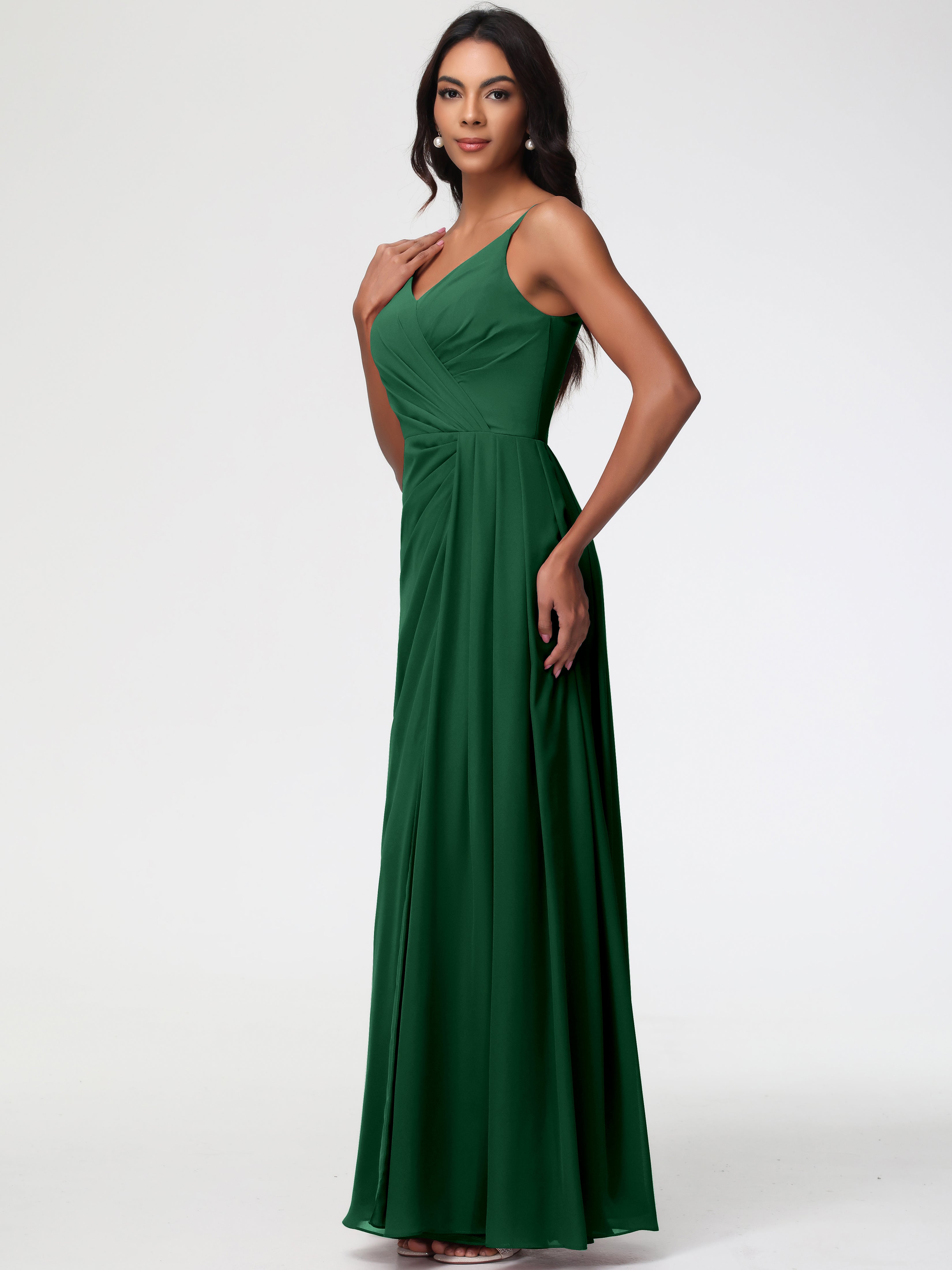 A-Line V-Neck Sleeveless Spaghetti Straps Pleats Chiffon Bridesmaid Dresses With Split