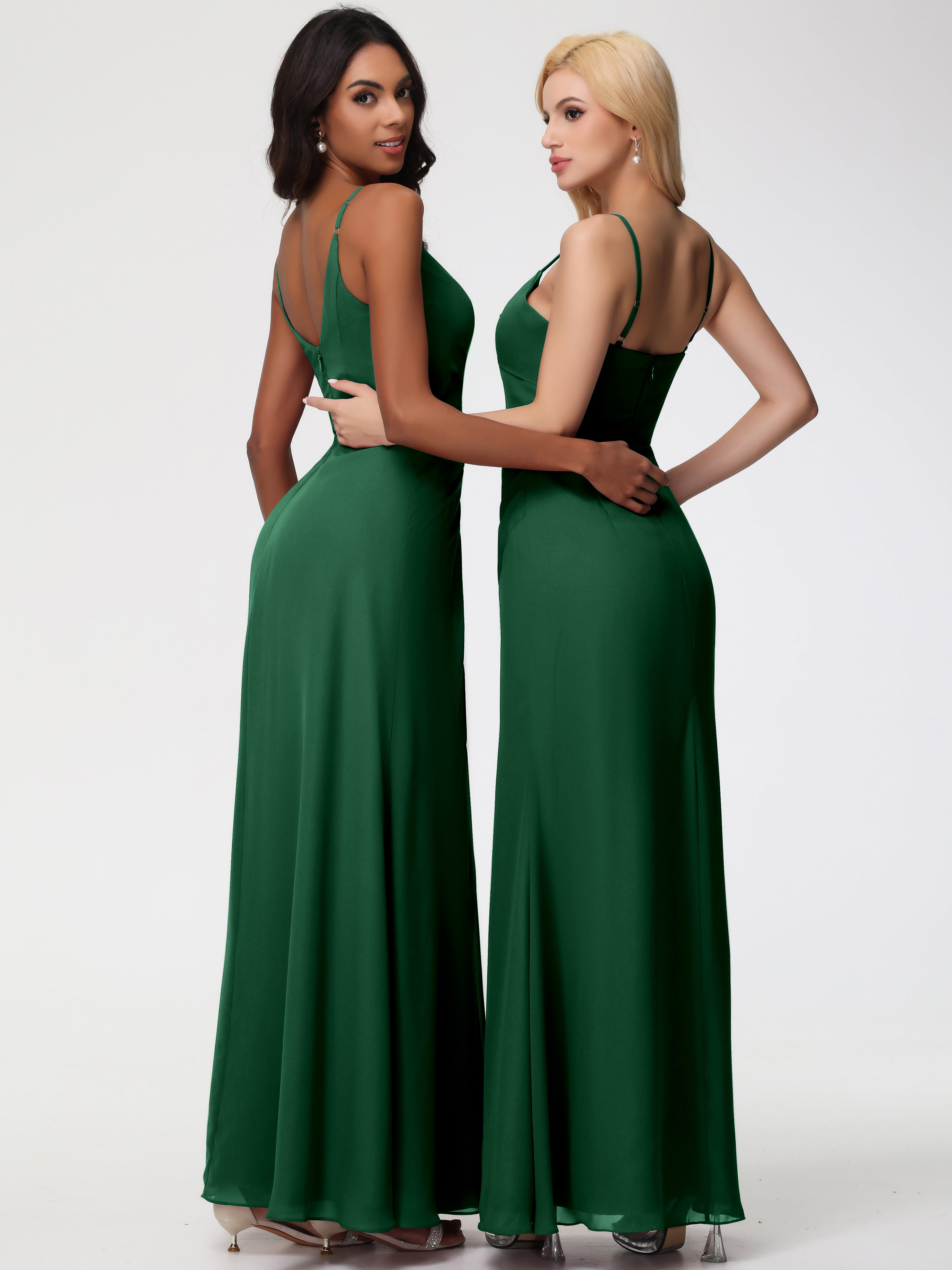 A-Line V-Neck Sleeveless Spaghetti Straps Pleats Chiffon Bridesmaid Dresses With Split