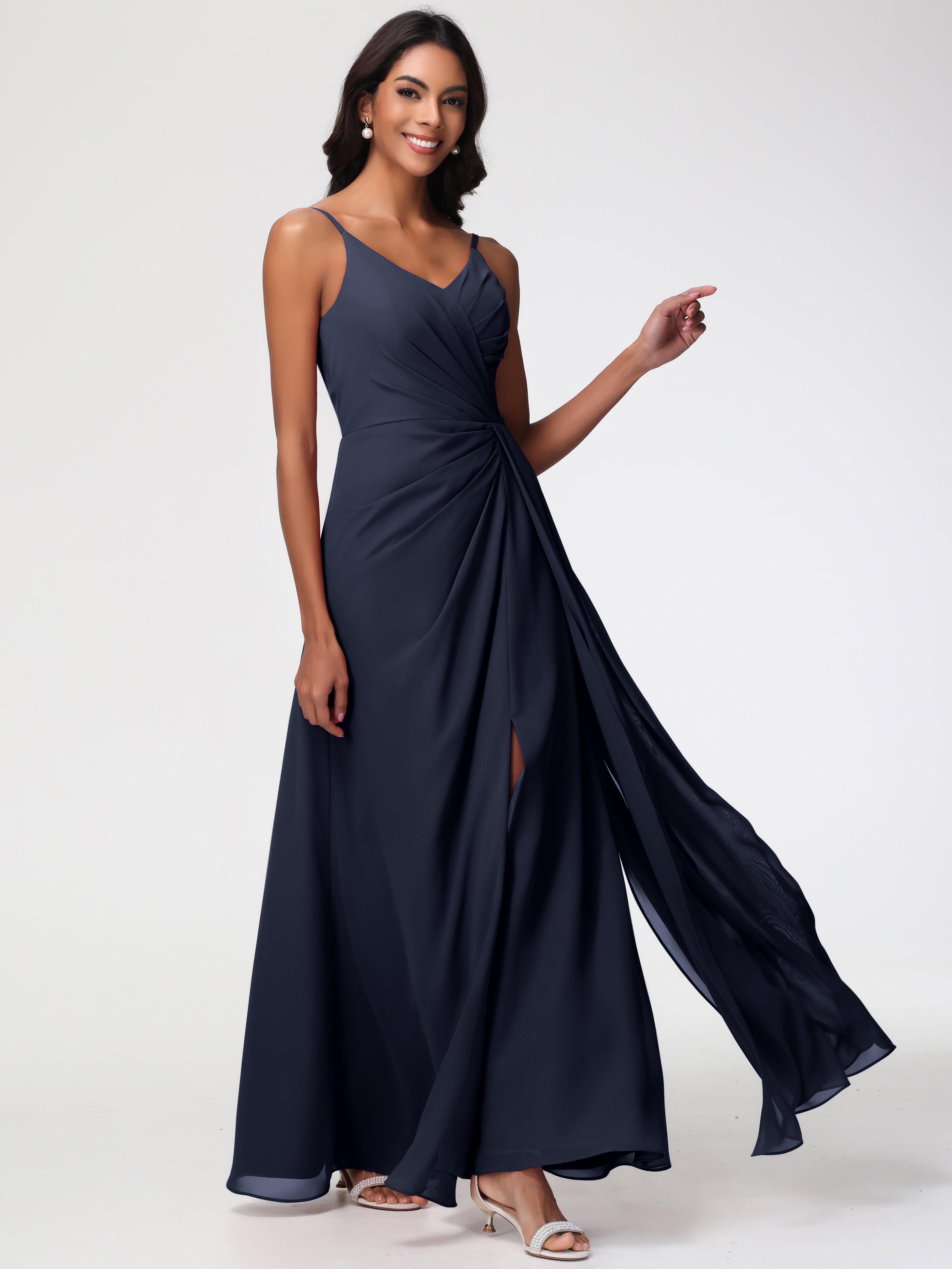 A-Line V-Neck Sleeveless Spaghetti Straps Pleats Chiffon Bridesmaid Dresses With Split