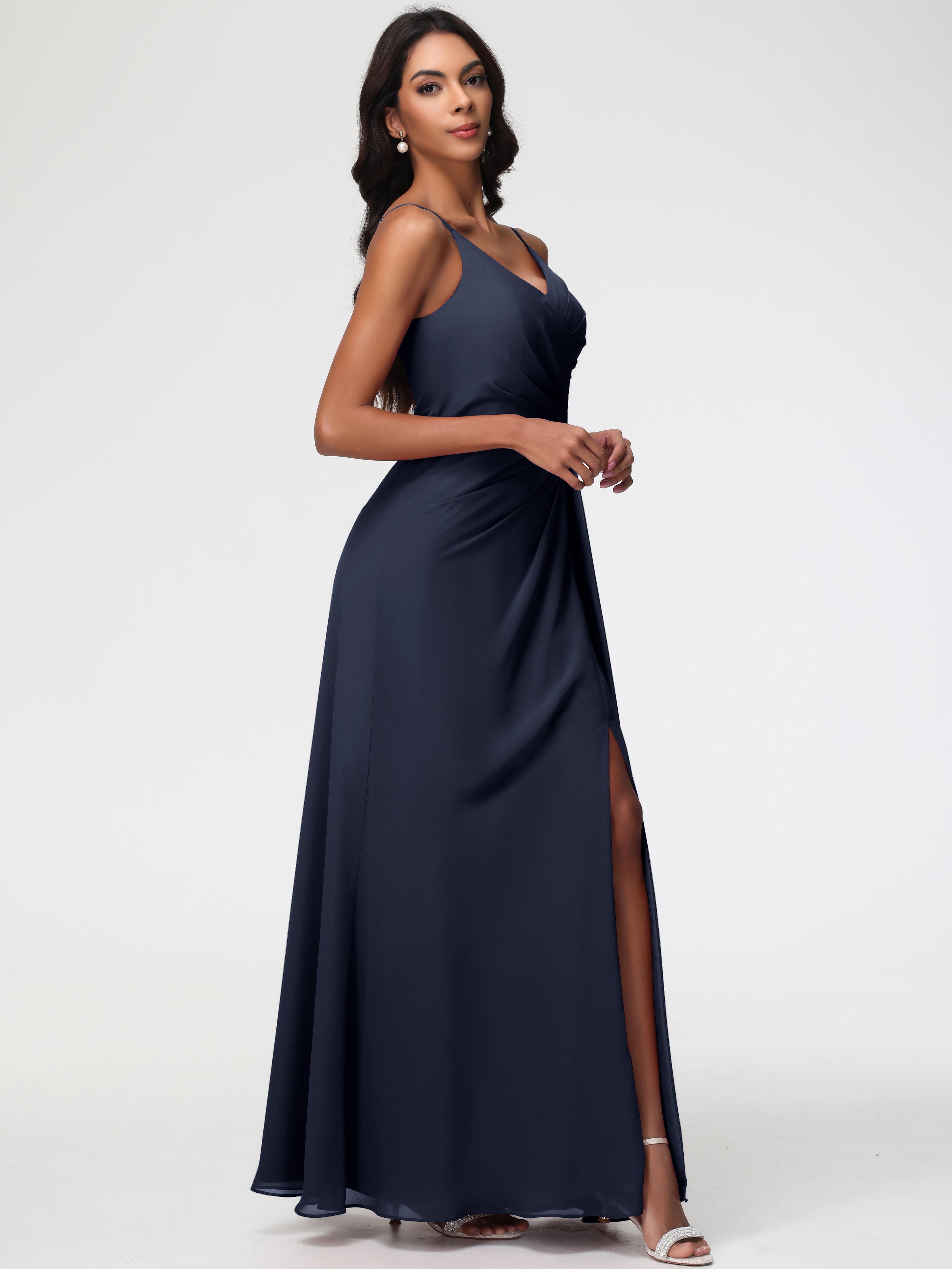 A-Line V-Neck Sleeveless Spaghetti Straps Pleats Chiffon Bridesmaid Dresses With Split