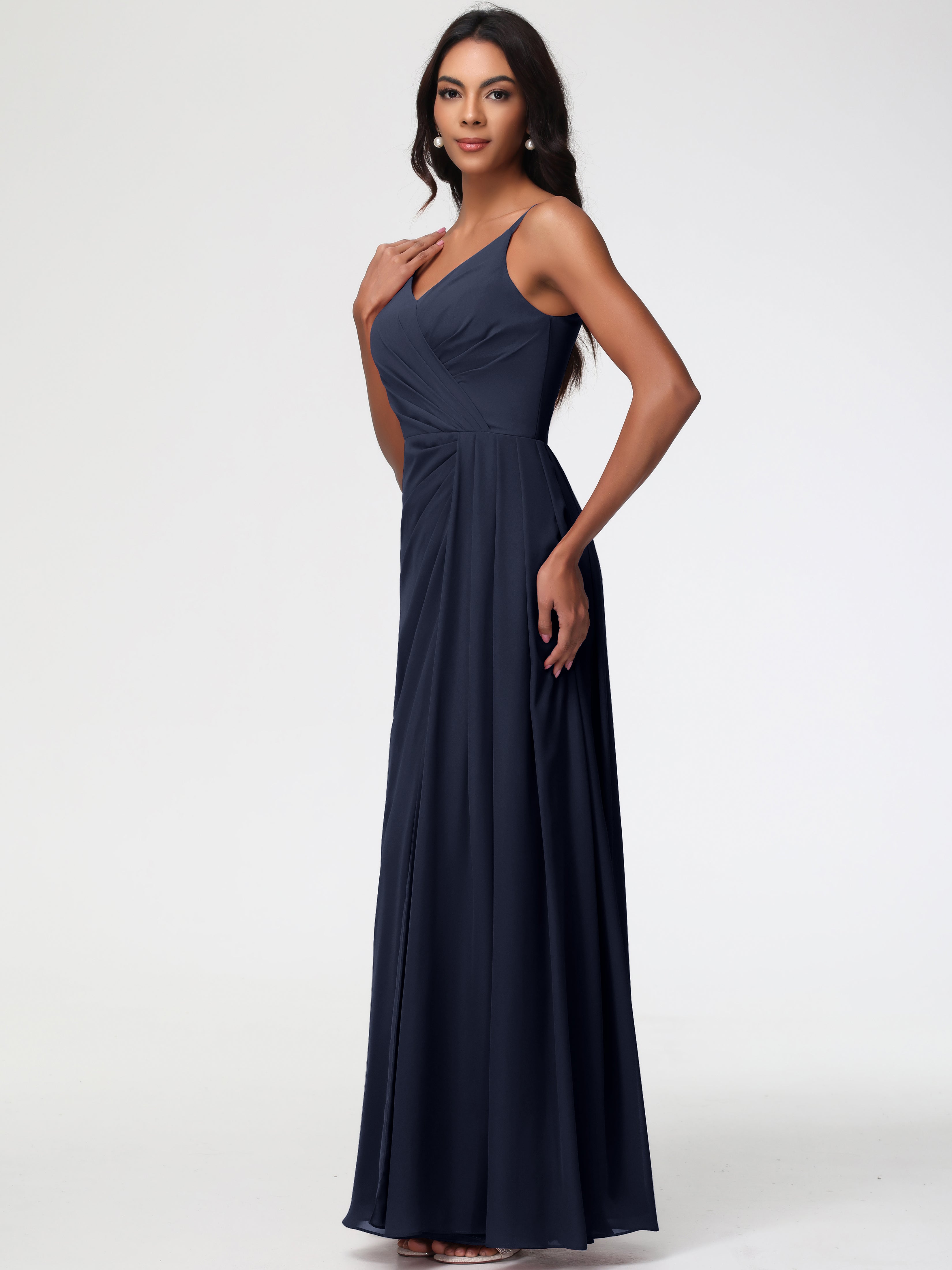 A-Line V-Neck Sleeveless Spaghetti Straps Pleats Chiffon Bridesmaid Dresses With Split