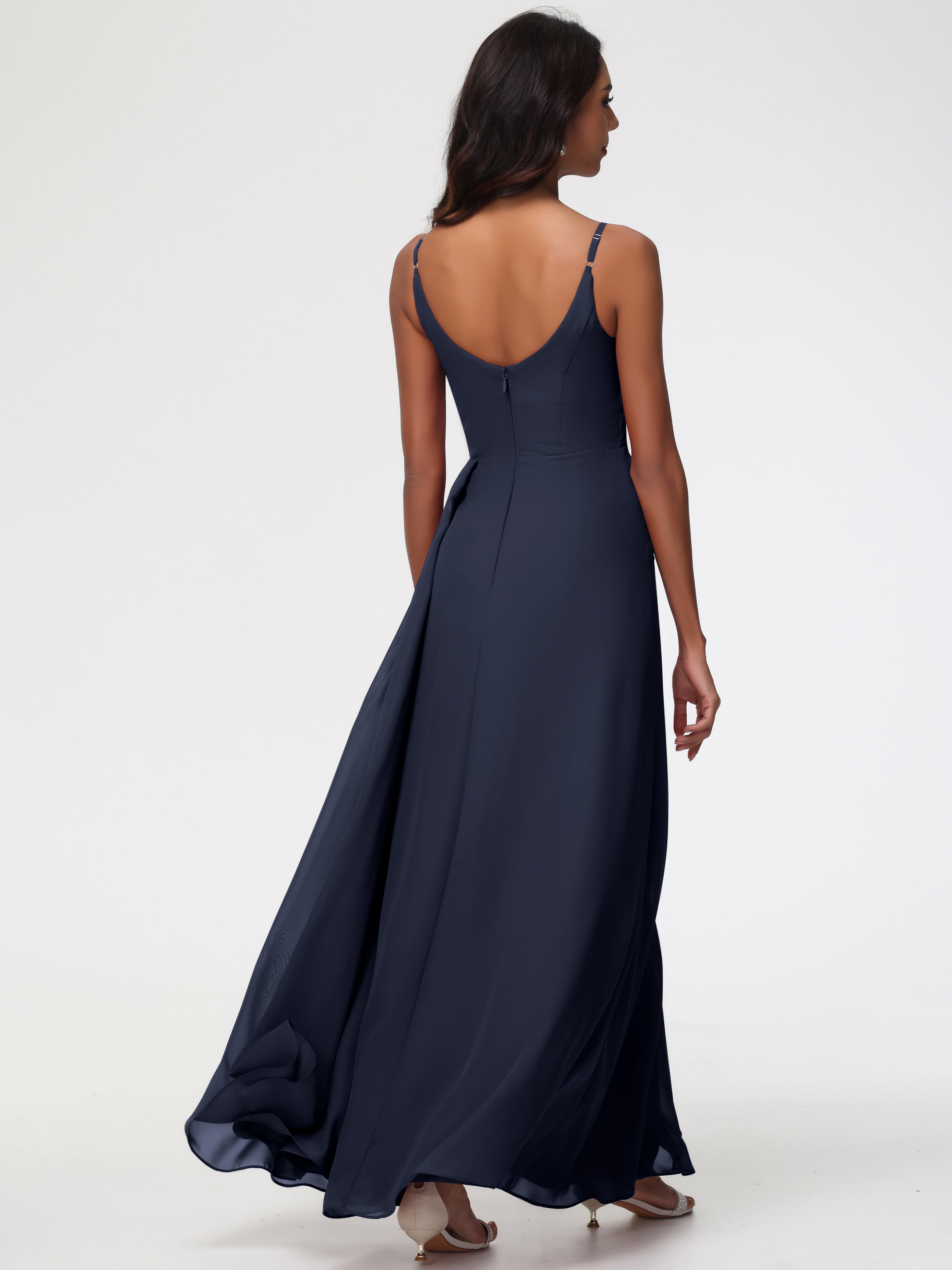 A-Line V-Neck Sleeveless Spaghetti Straps Pleats Chiffon Bridesmaid Dresses With Split