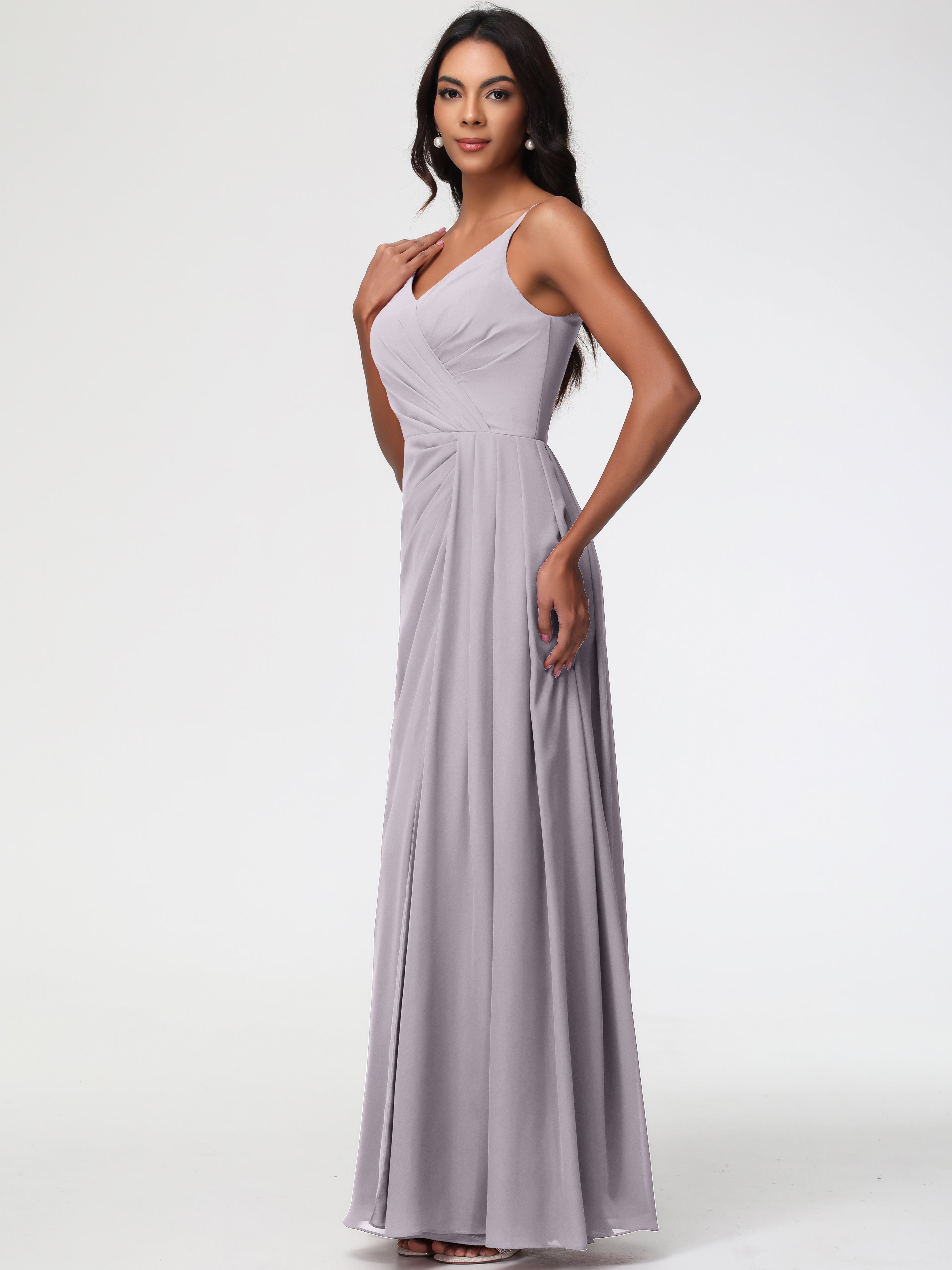 A-Line V-Neck Sleeveless Spaghetti Straps Pleats Chiffon Bridesmaid Dresses With Split
