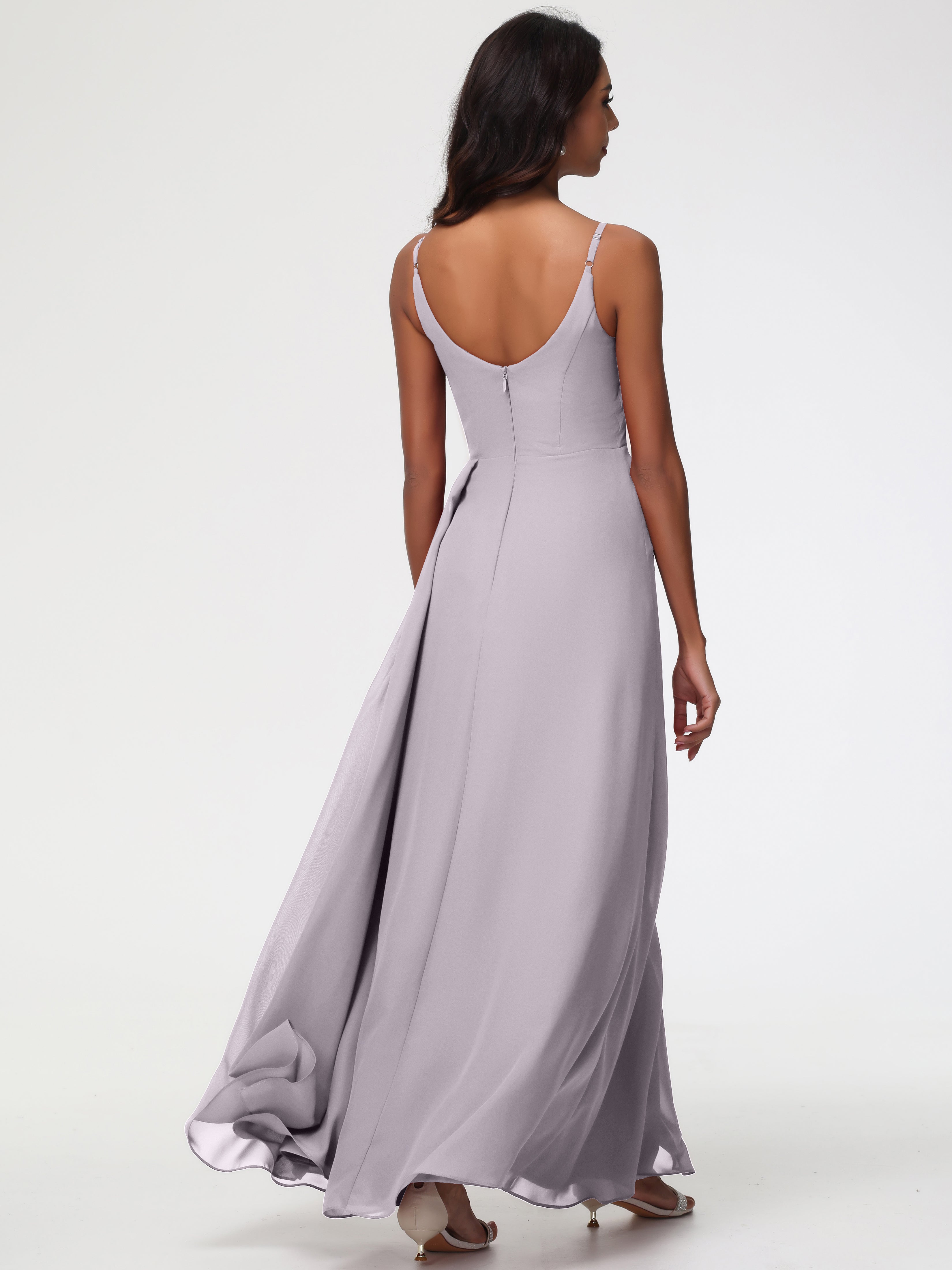 A-Line V-Neck Sleeveless Spaghetti Straps Pleats Chiffon Bridesmaid Dresses With Split