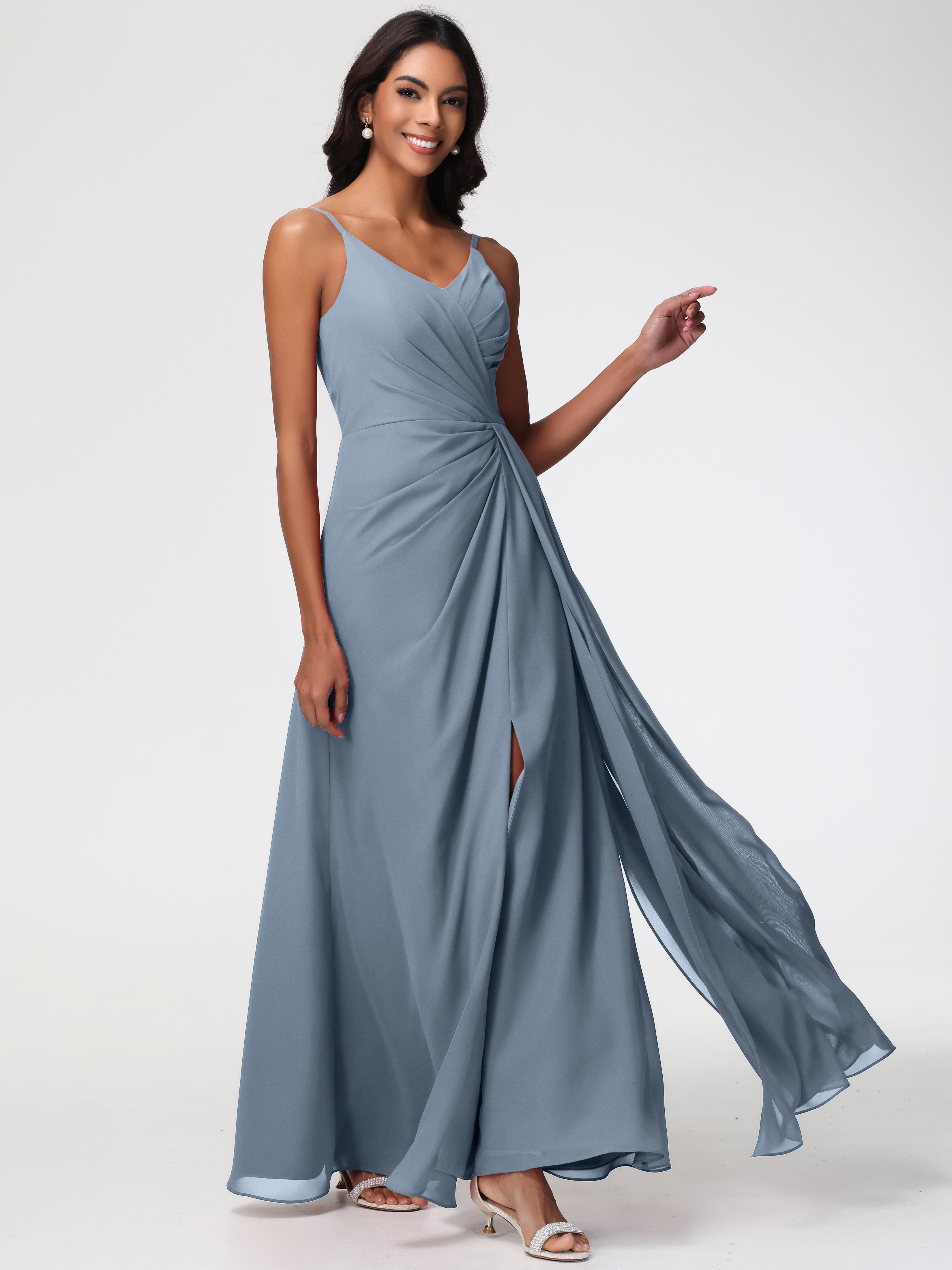 A-Line V-Neck Sleeveless Spaghetti Straps Pleats Chiffon Bridesmaid Dresses With Split