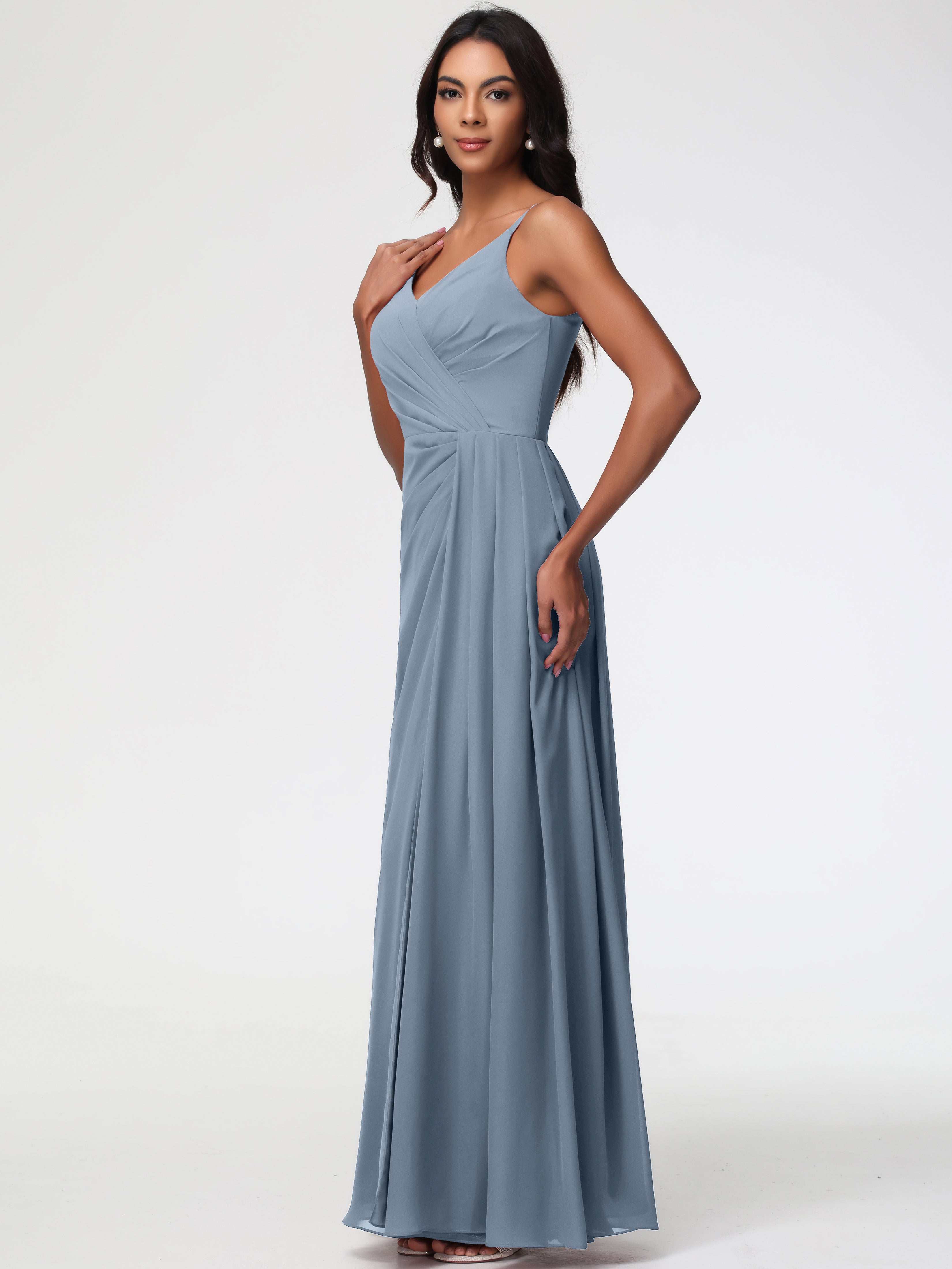 A-Line V-Neck Sleeveless Spaghetti Straps Pleats Chiffon Bridesmaid Dresses With Split