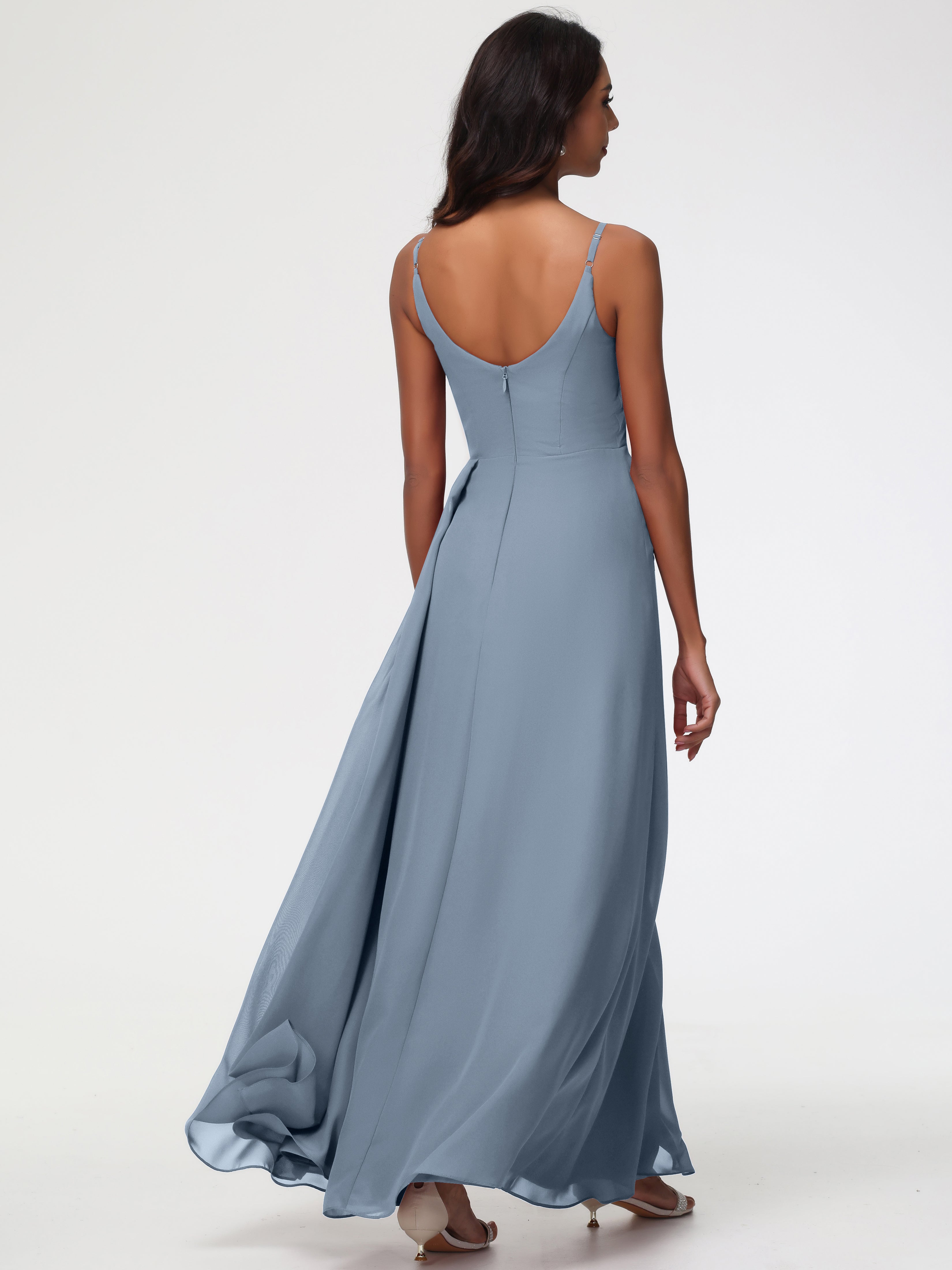 A-Line V-Neck Sleeveless Spaghetti Straps Pleats Chiffon Bridesmaid Dresses With Split