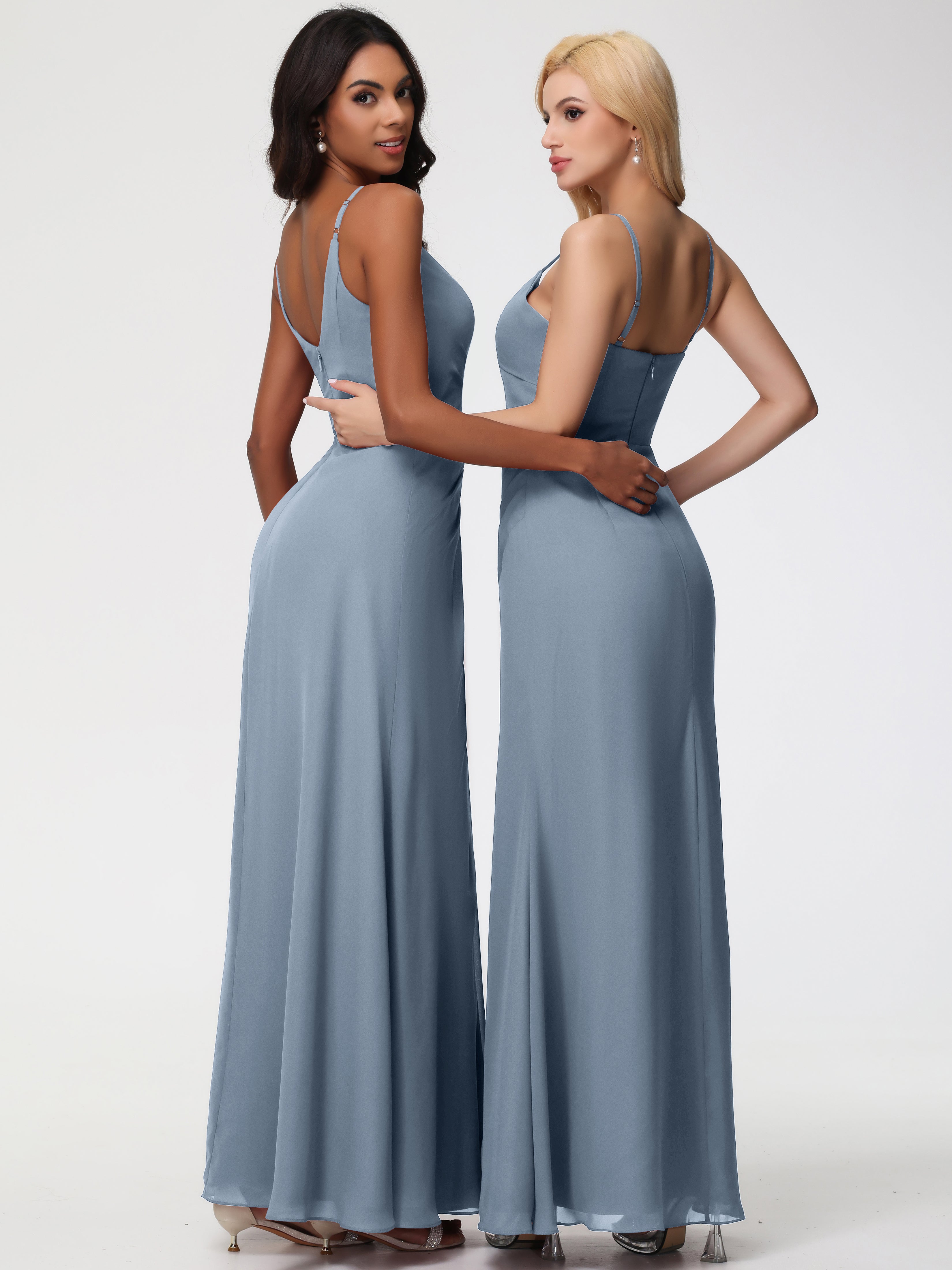 A-Line V-Neck Sleeveless Spaghetti Straps Pleats Chiffon Bridesmaid Dresses With Split