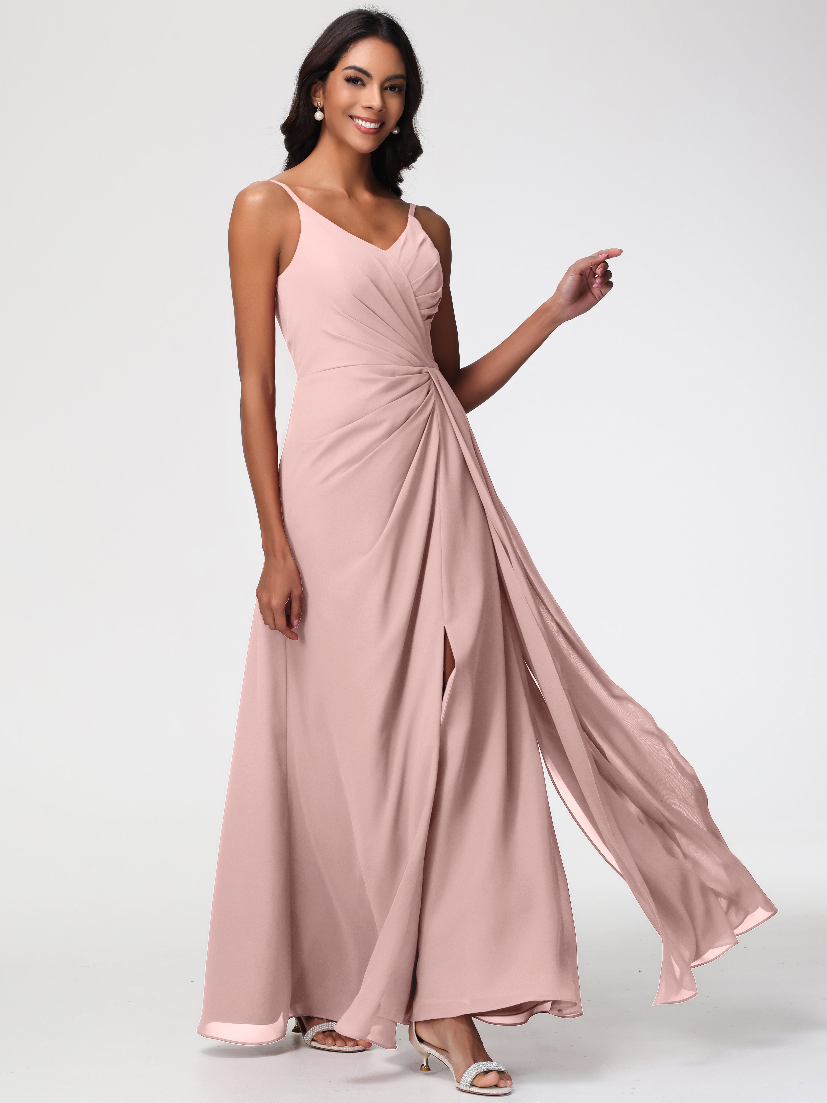 A-Line V-Neck Sleeveless Spaghetti Straps Pleats Chiffon Bridesmaid Dresses With Split