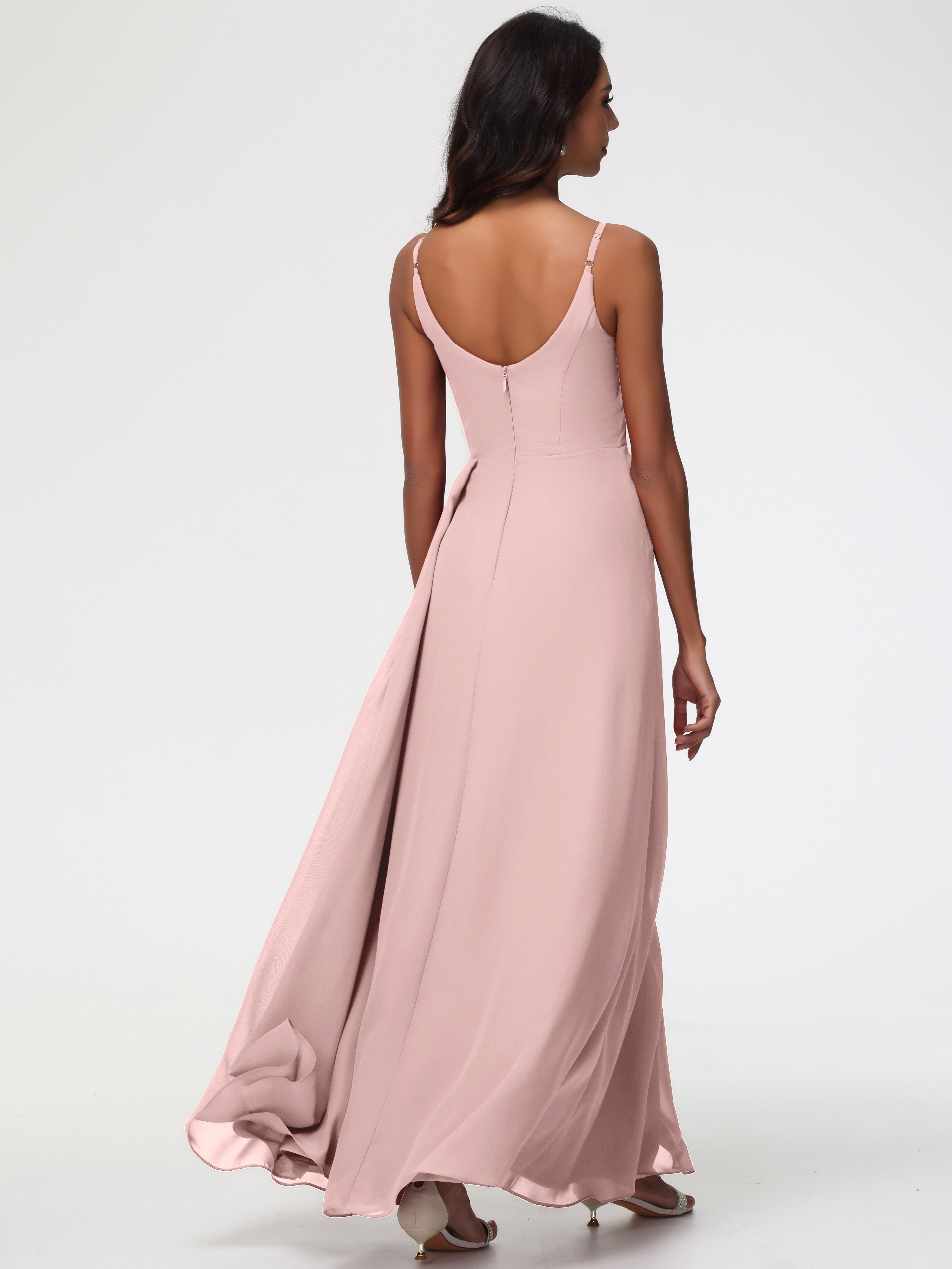 A-Line V-Neck Sleeveless Spaghetti Straps Pleats Chiffon Bridesmaid Dresses With Split