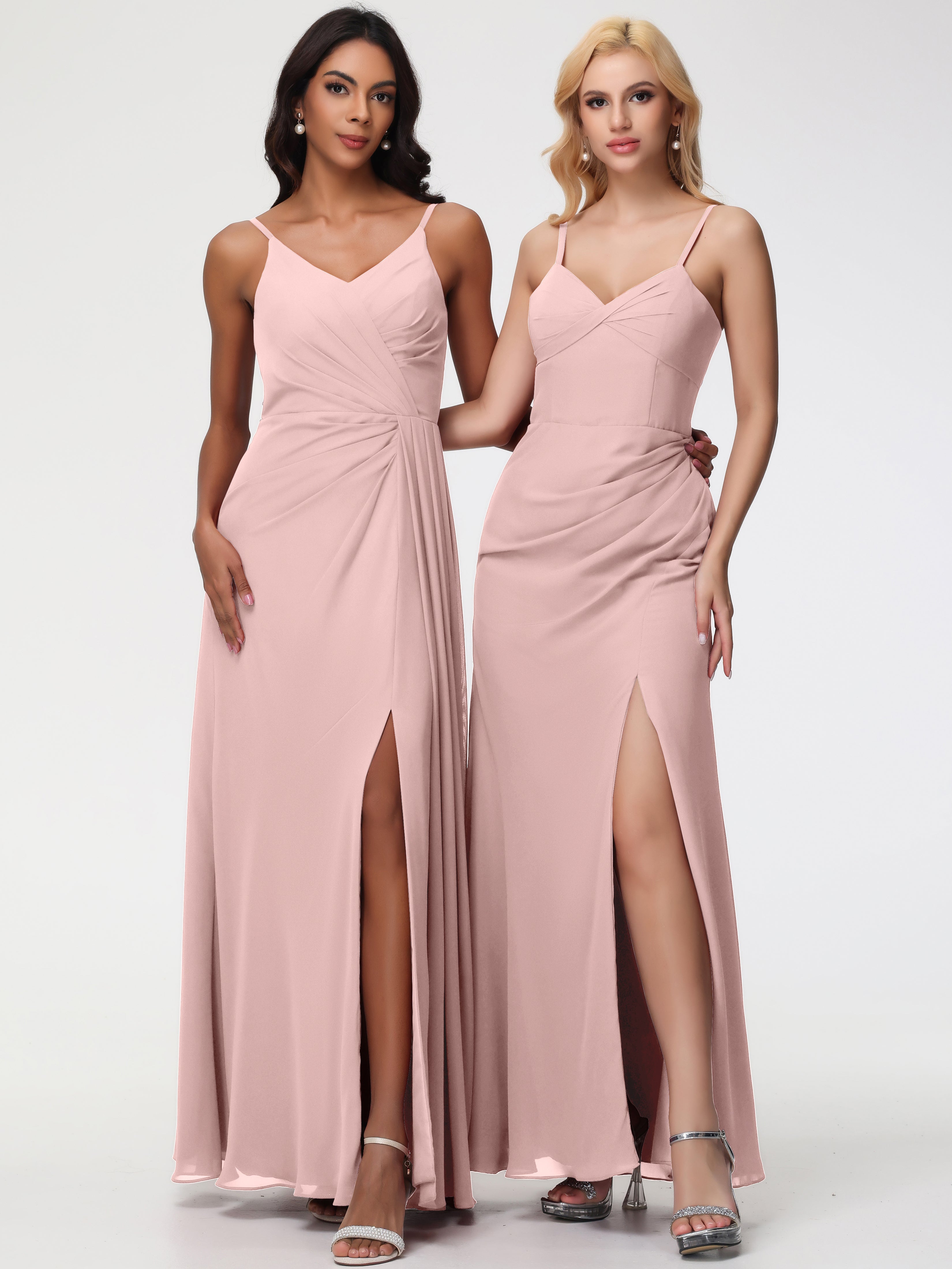 A-Line V-Neck Sleeveless Spaghetti Straps Pleats Chiffon Bridesmaid Dresses With Split