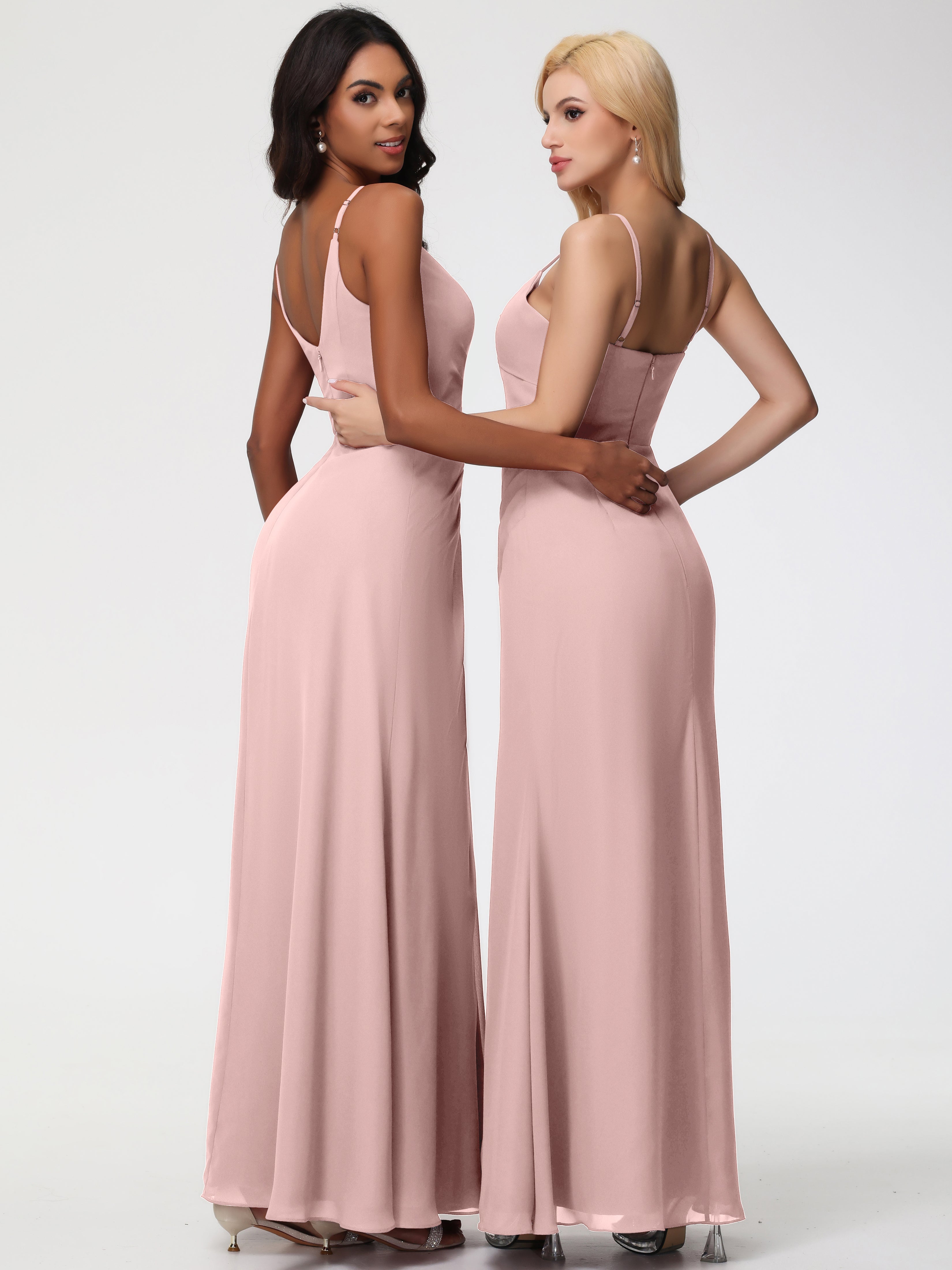 A-Line V-Neck Sleeveless Spaghetti Straps Pleats Chiffon Bridesmaid Dresses With Split