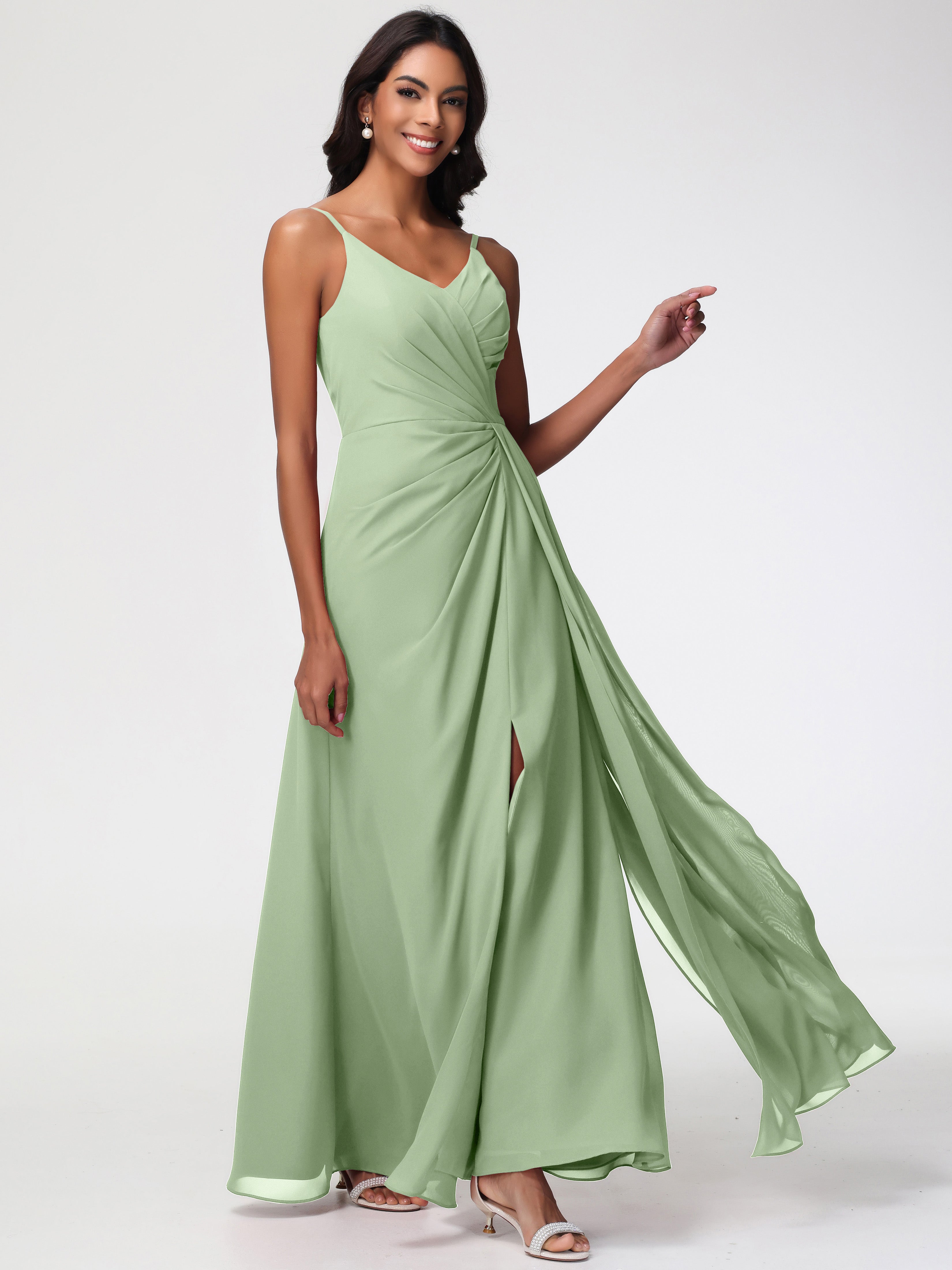 A-Line V-Neck Sleeveless Spaghetti Straps Pleats Chiffon Bridesmaid Dresses With Split