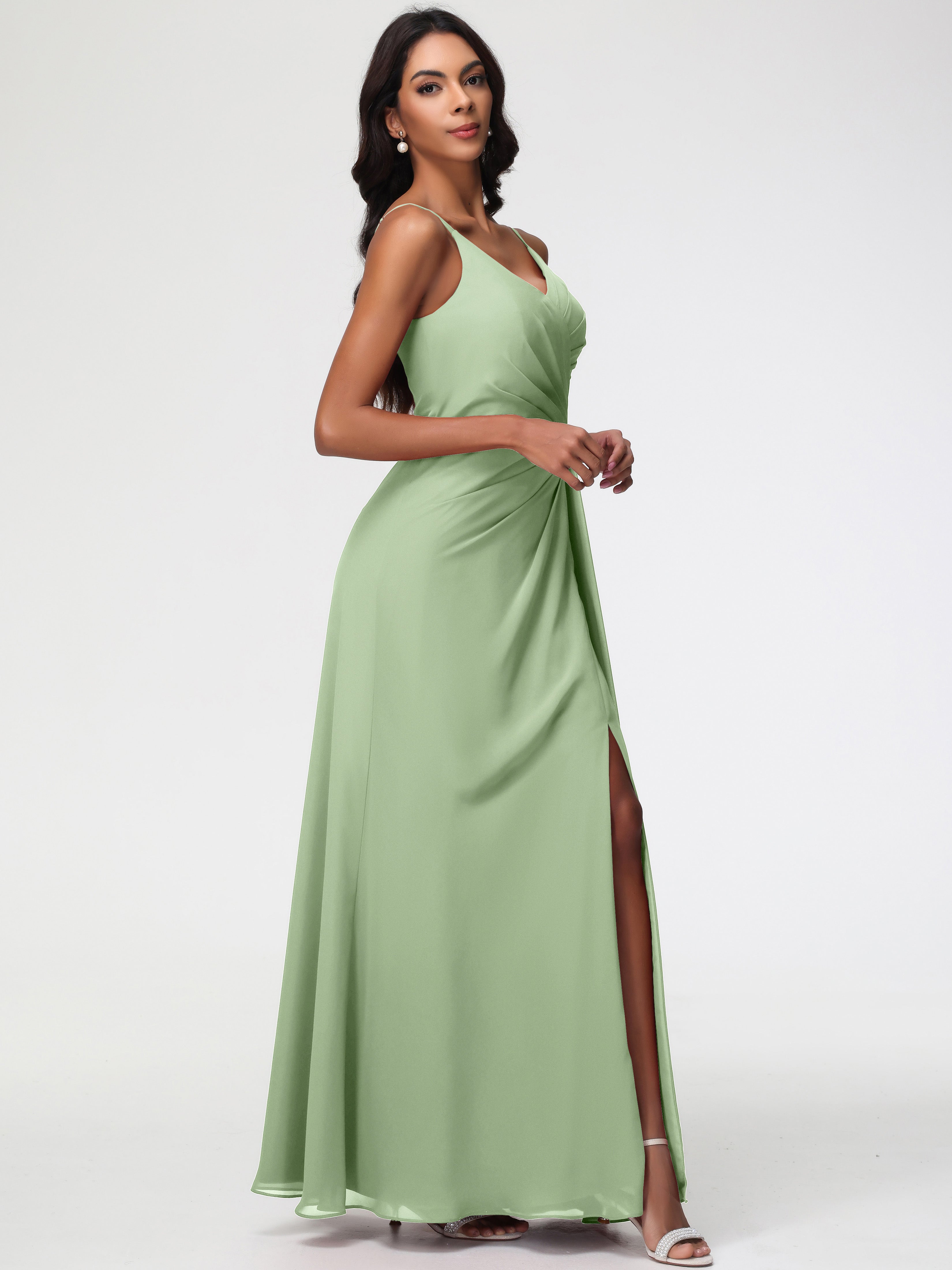 A-Line V-Neck Sleeveless Spaghetti Straps Pleats Chiffon Bridesmaid Dresses With Split