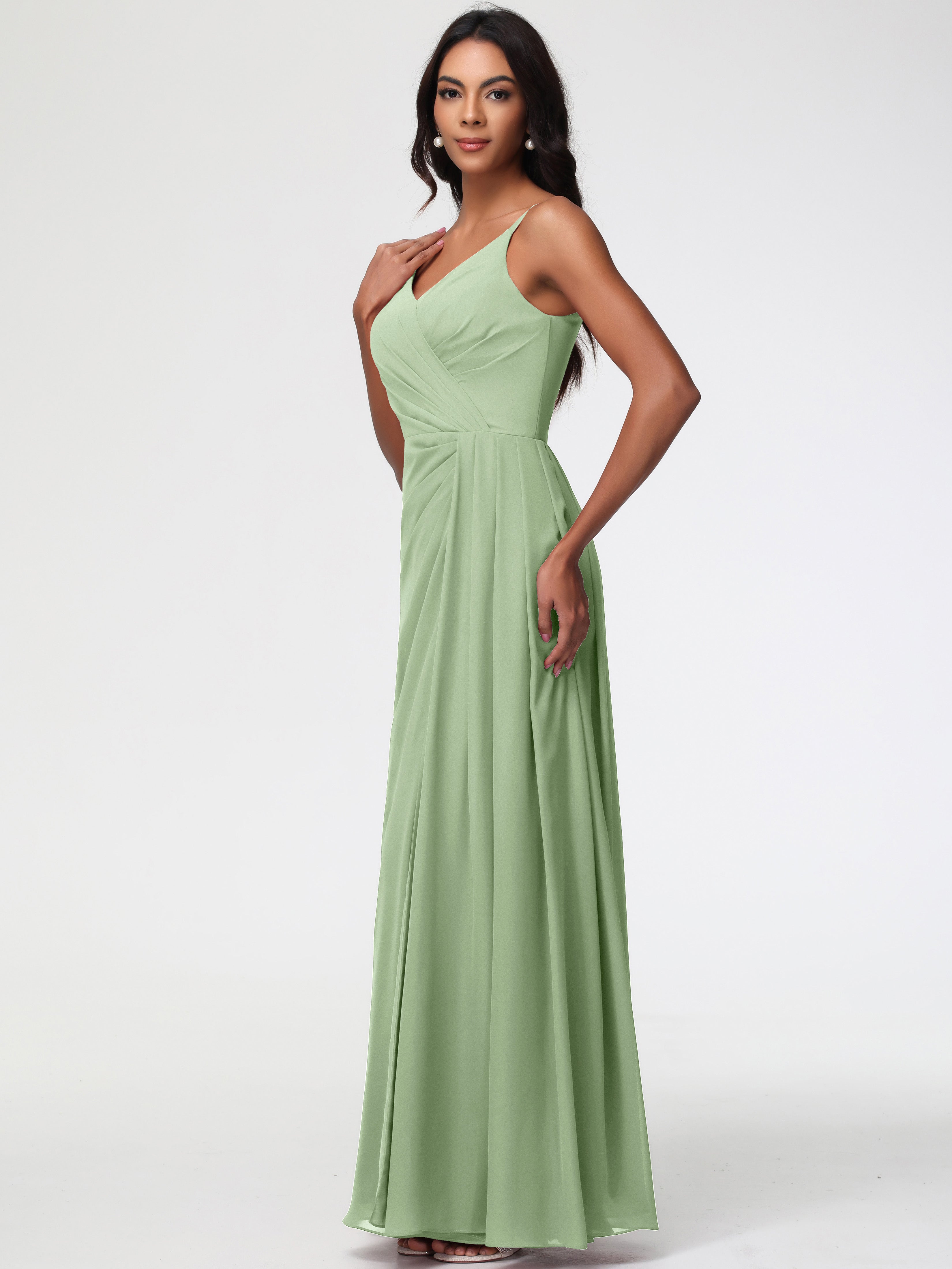 A-Line V-Neck Sleeveless Spaghetti Straps Pleats Chiffon Bridesmaid Dresses With Split