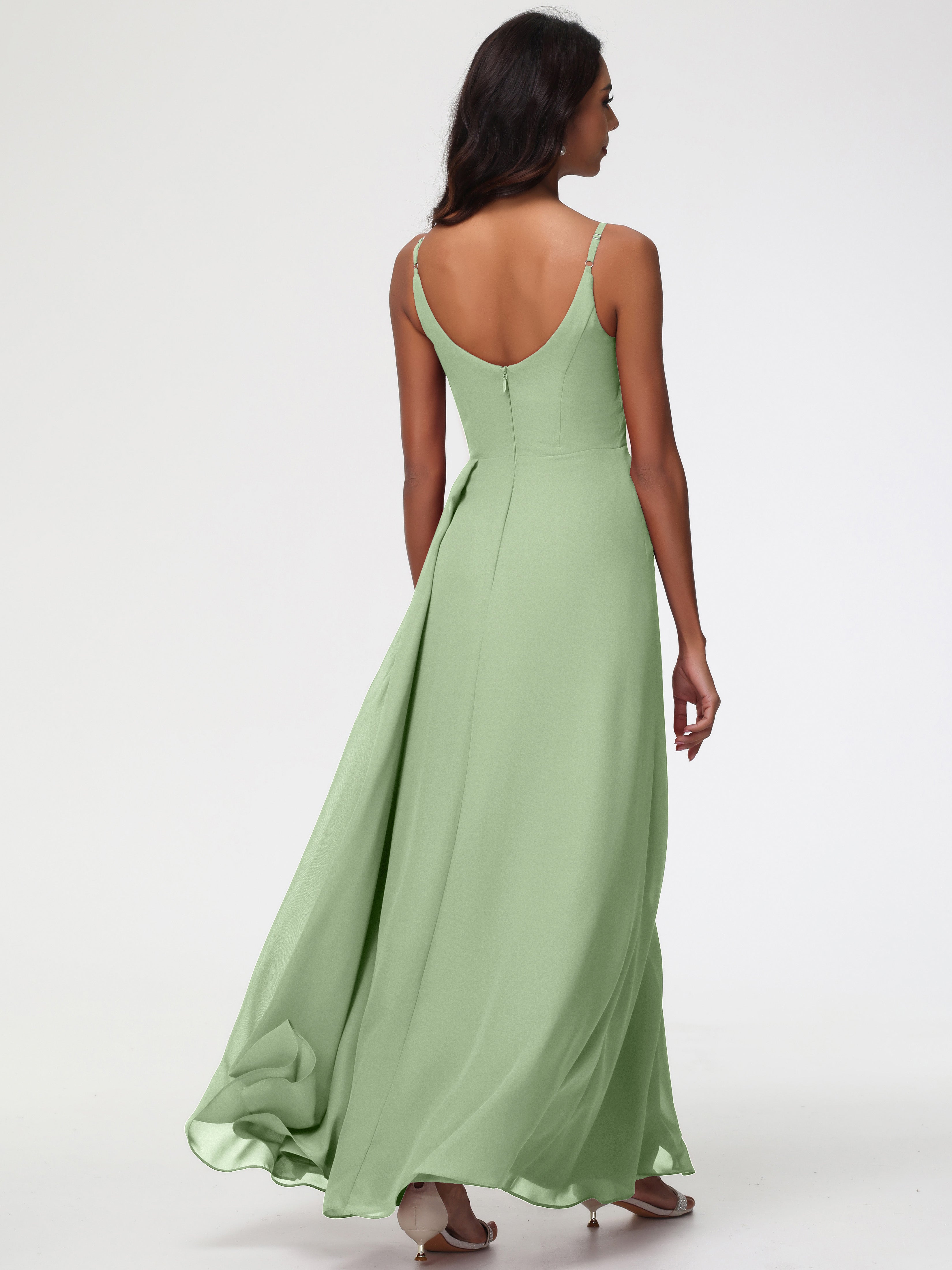 A-Line V-Neck Sleeveless Spaghetti Straps Pleats Chiffon Bridesmaid Dresses With Split
