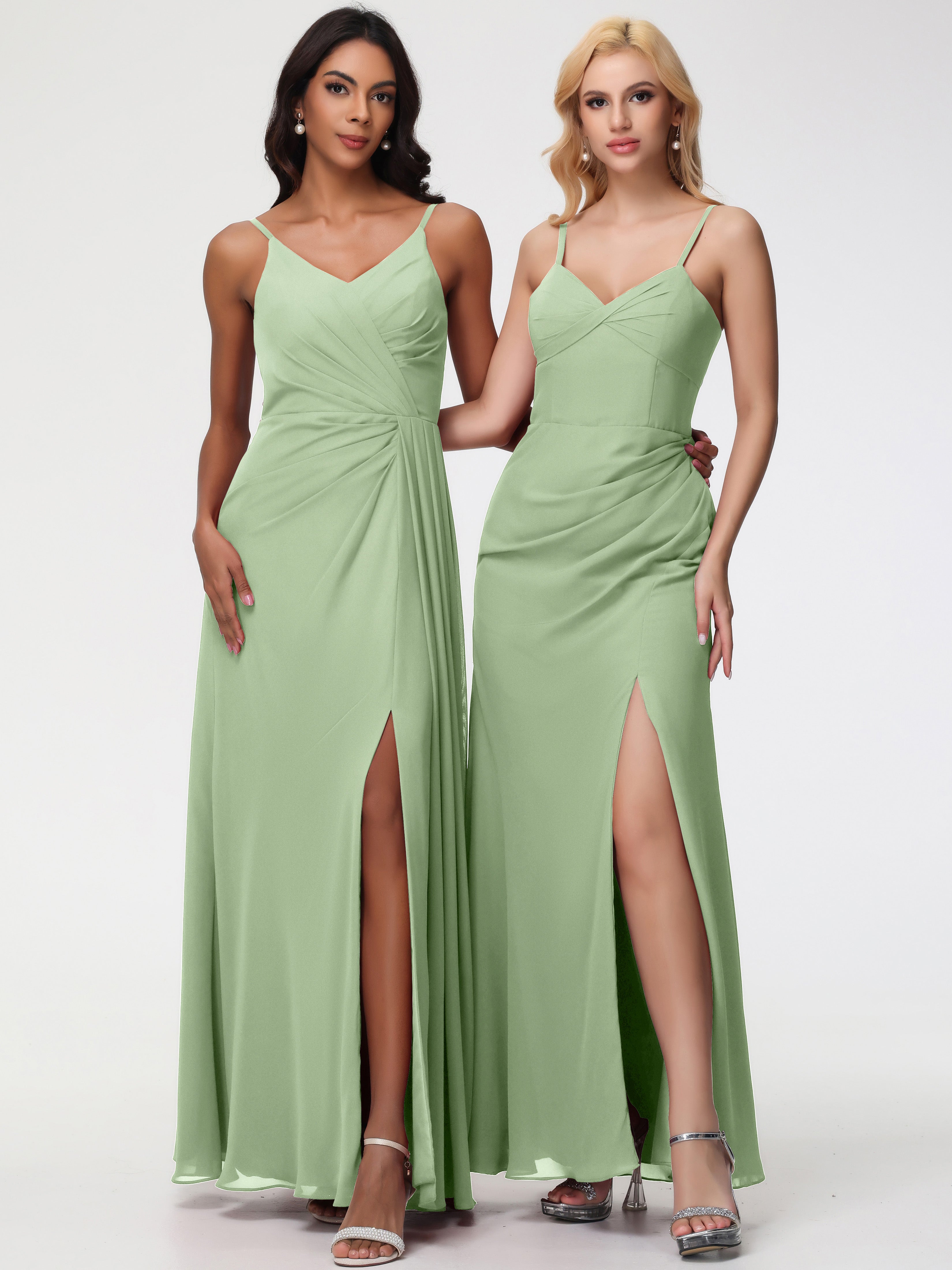 A-Line V-Neck Sleeveless Spaghetti Straps Pleats Chiffon Bridesmaid Dresses With Split