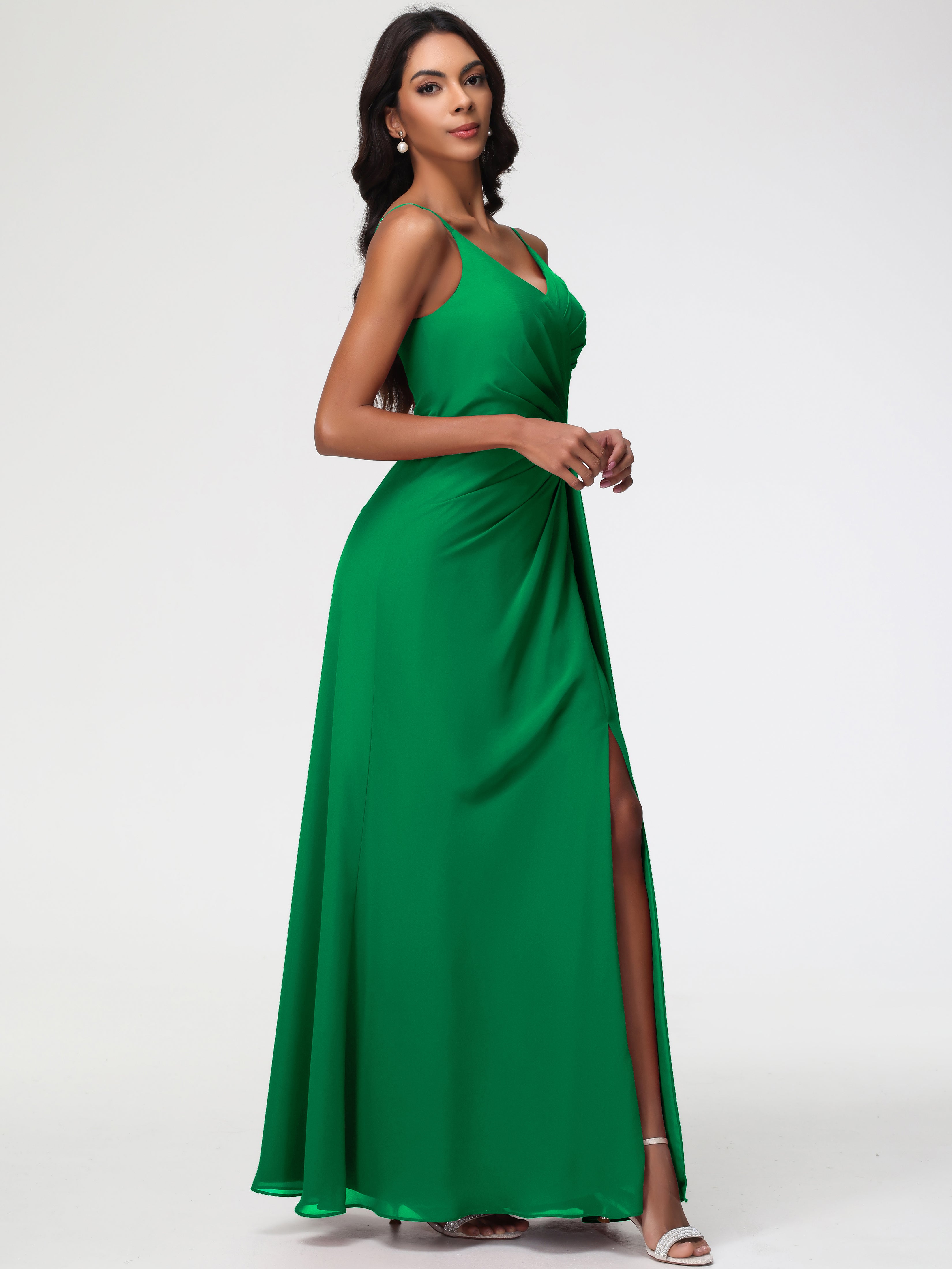 A-Line V-Neck Sleeveless Spaghetti Straps Pleats Chiffon Bridesmaid Dresses With Split