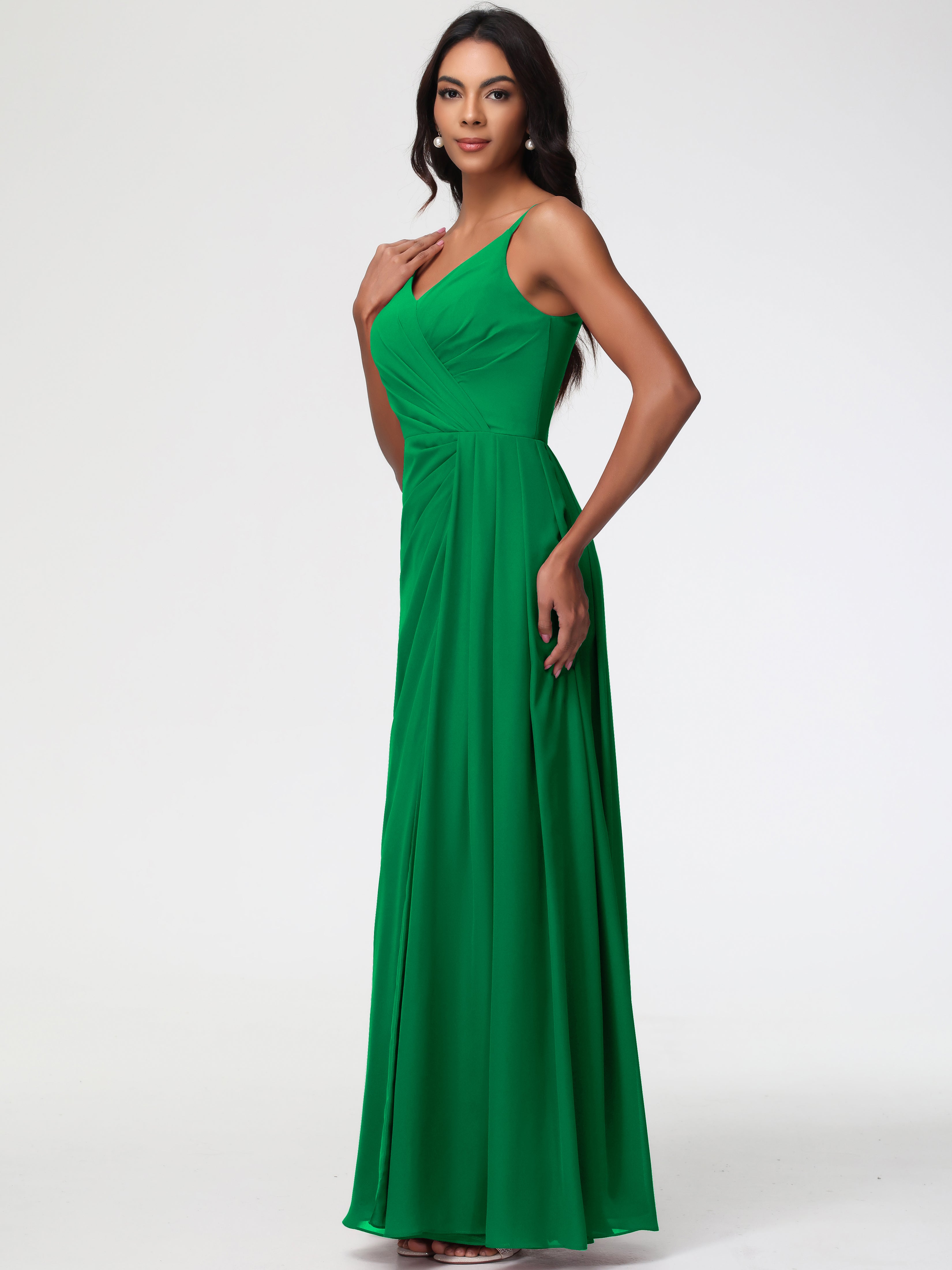 A-Line V-Neck Sleeveless Spaghetti Straps Pleats Chiffon Bridesmaid Dresses With Split