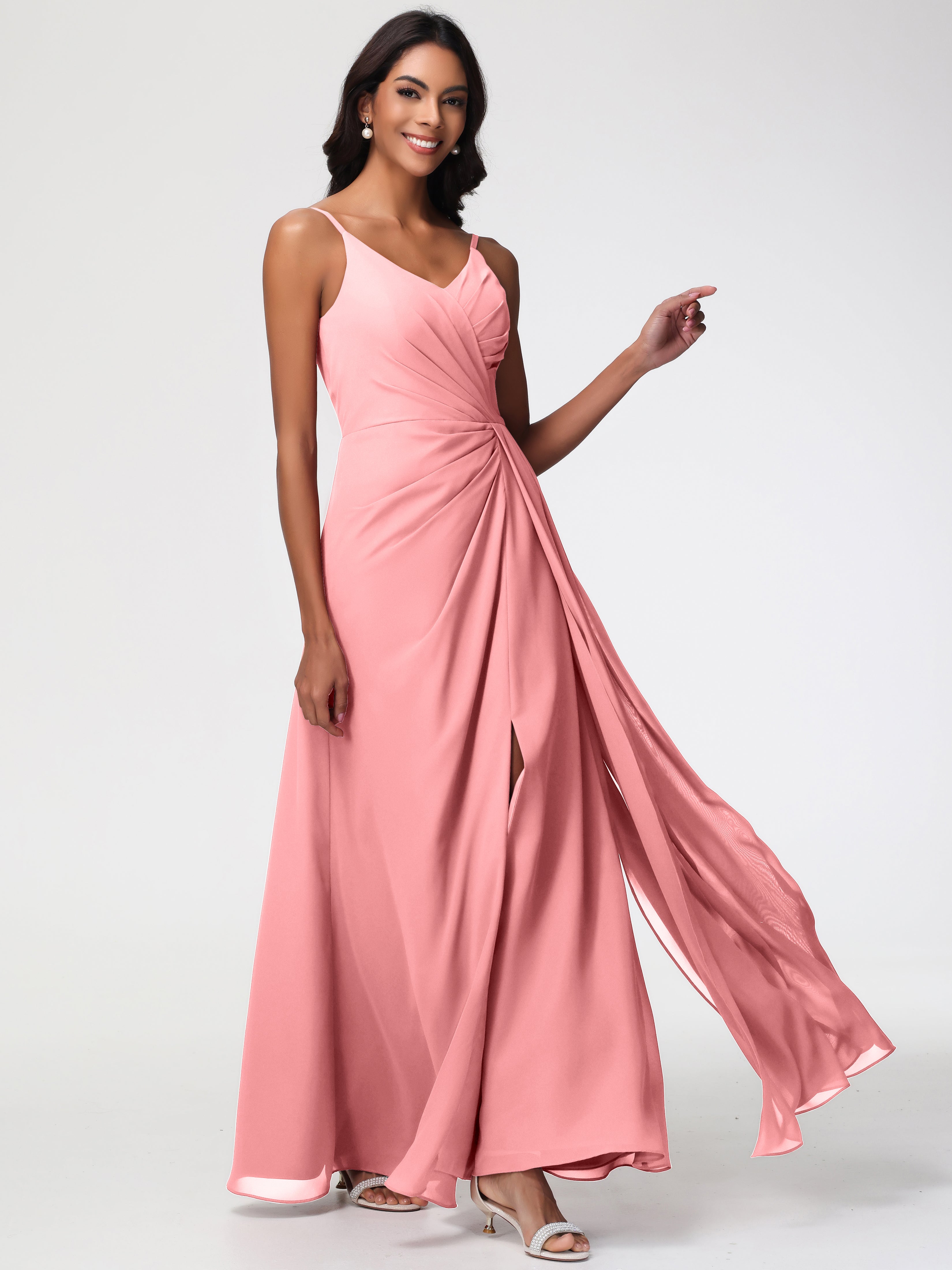 A-Line V-Neck Sleeveless Spaghetti Straps Pleats Chiffon Bridesmaid Dresses With Split