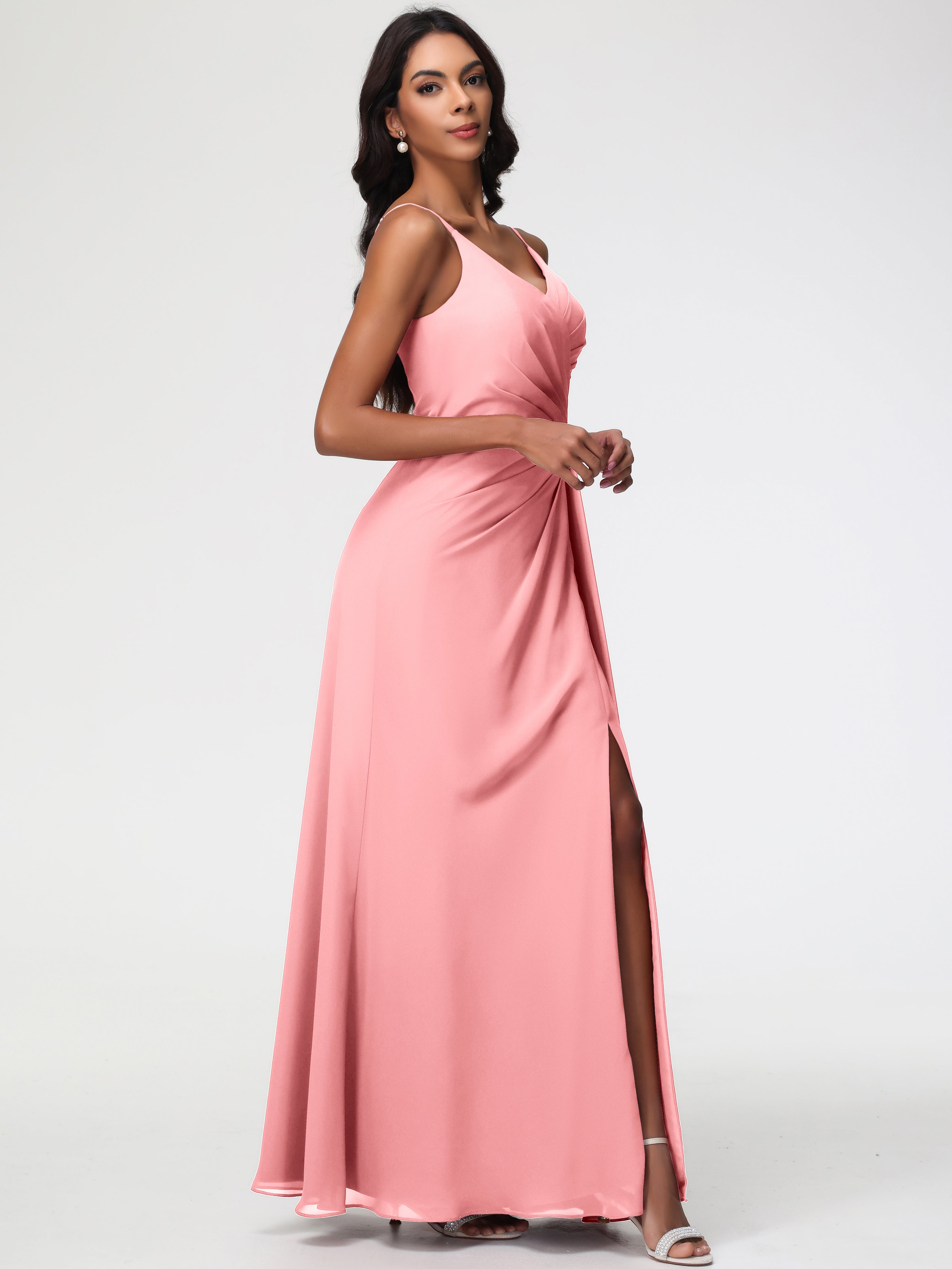 A-Line V-Neck Sleeveless Spaghetti Straps Pleats Chiffon Bridesmaid Dresses With Split