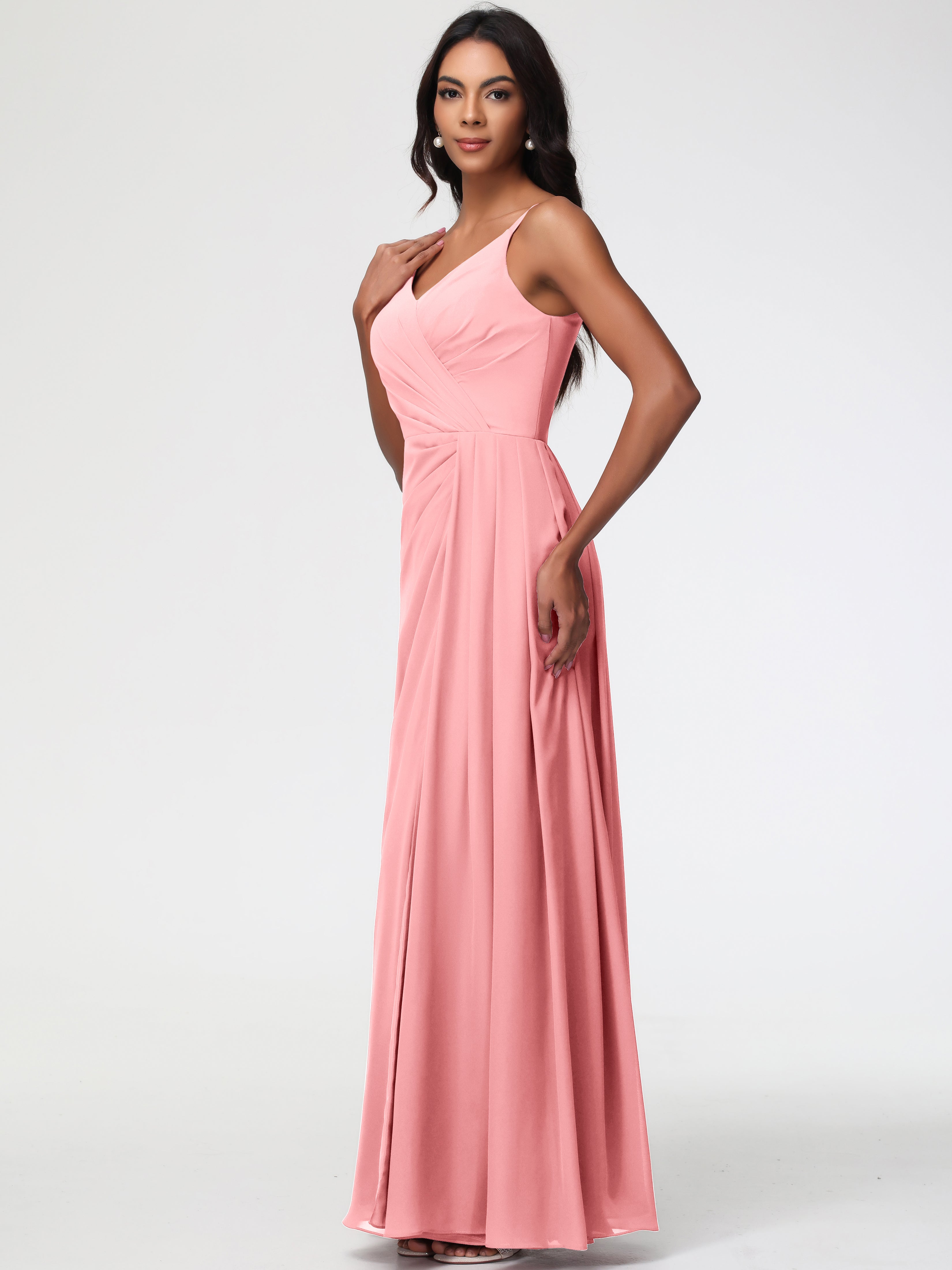 A-Line V-Neck Sleeveless Spaghetti Straps Pleats Chiffon Bridesmaid Dresses With Split