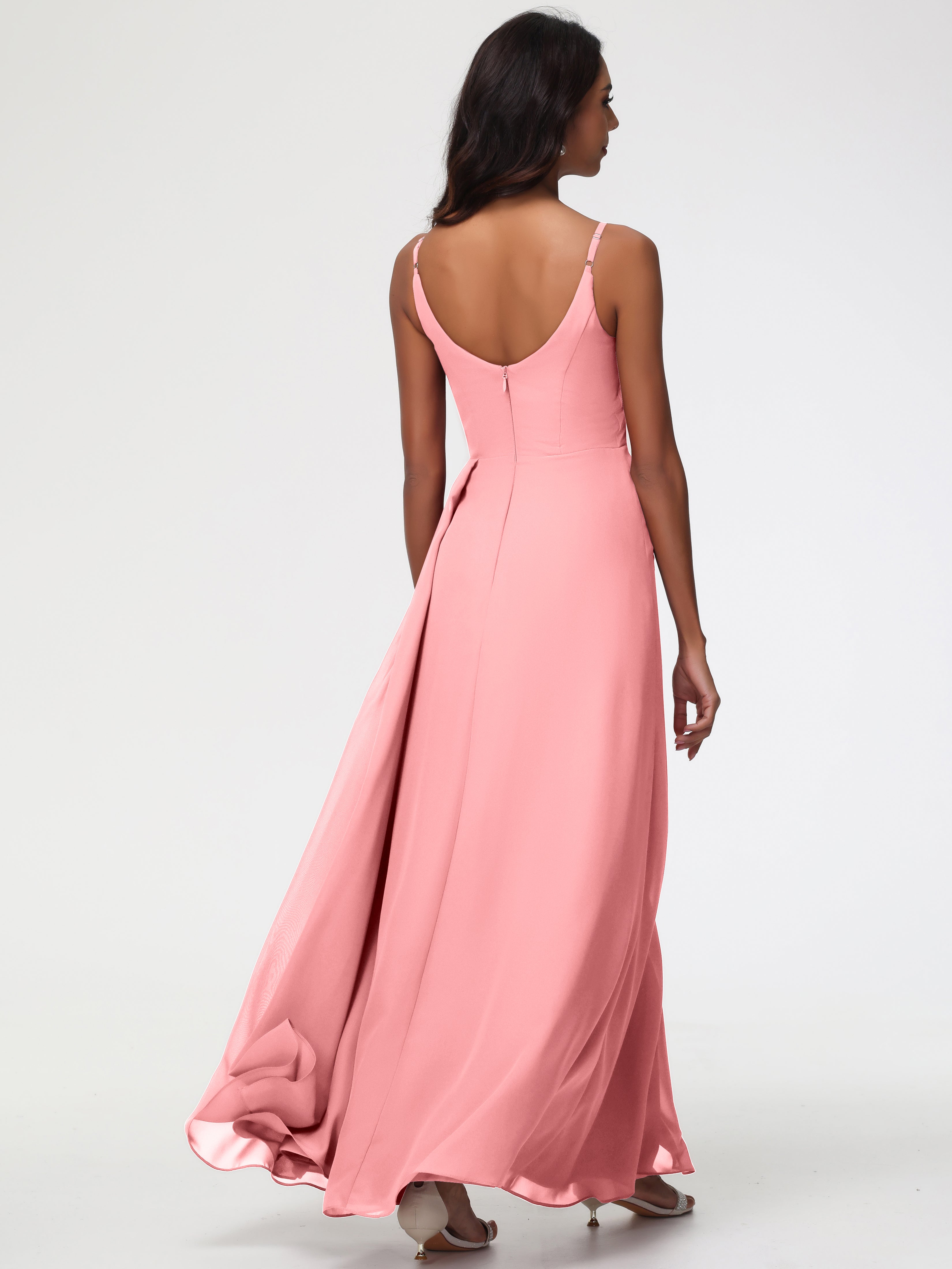 A-Line V-Neck Sleeveless Spaghetti Straps Pleats Chiffon Bridesmaid Dresses With Split
