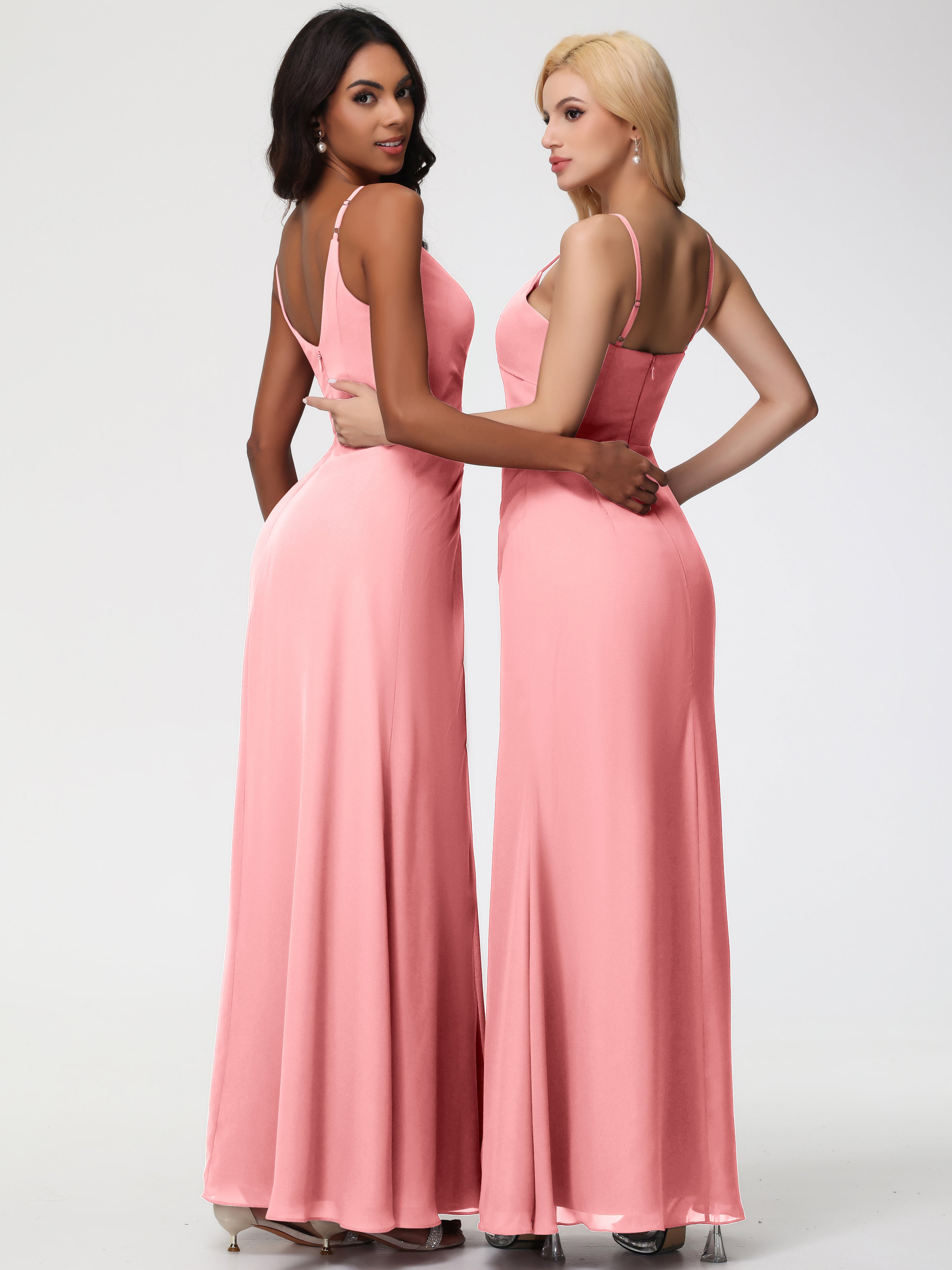 A-Line V-Neck Sleeveless Spaghetti Straps Pleats Chiffon Bridesmaid Dresses With Split