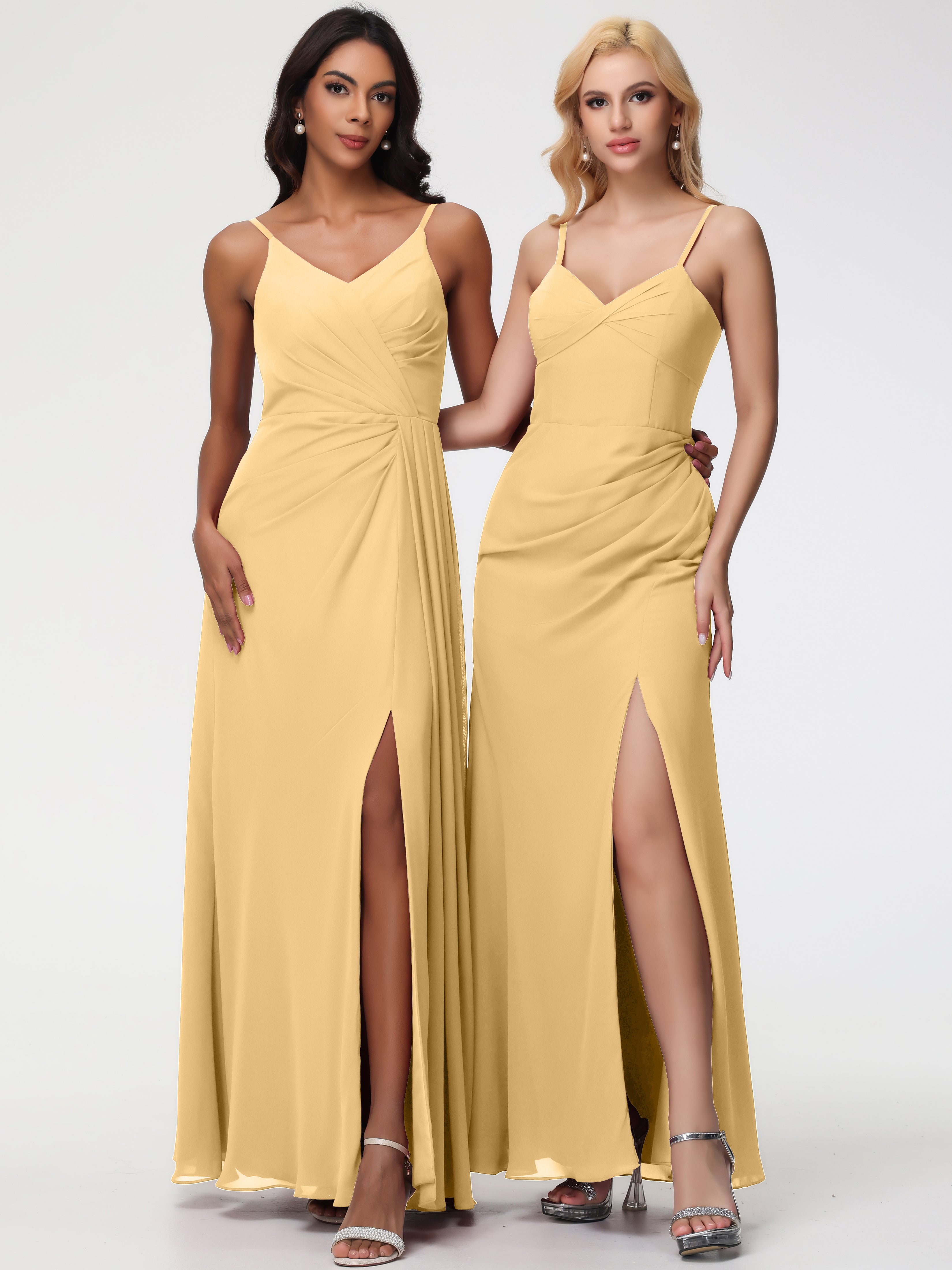 A-Line V-Neck Sleeveless Spaghetti Straps Pleats Chiffon Bridesmaid Dresses With Split