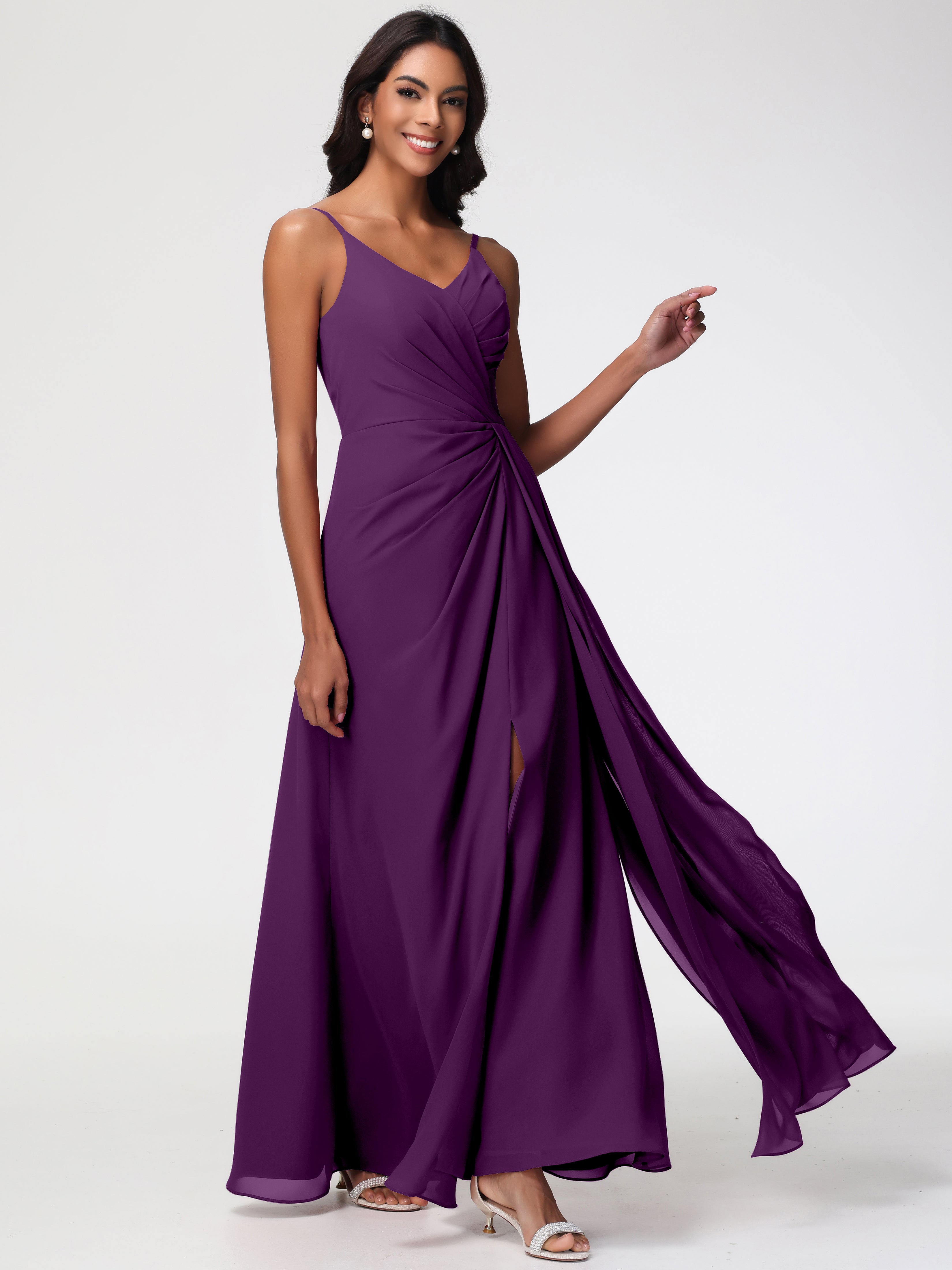 A-Line V-Neck Sleeveless Spaghetti Straps Pleats Chiffon Bridesmaid Dresses With Split