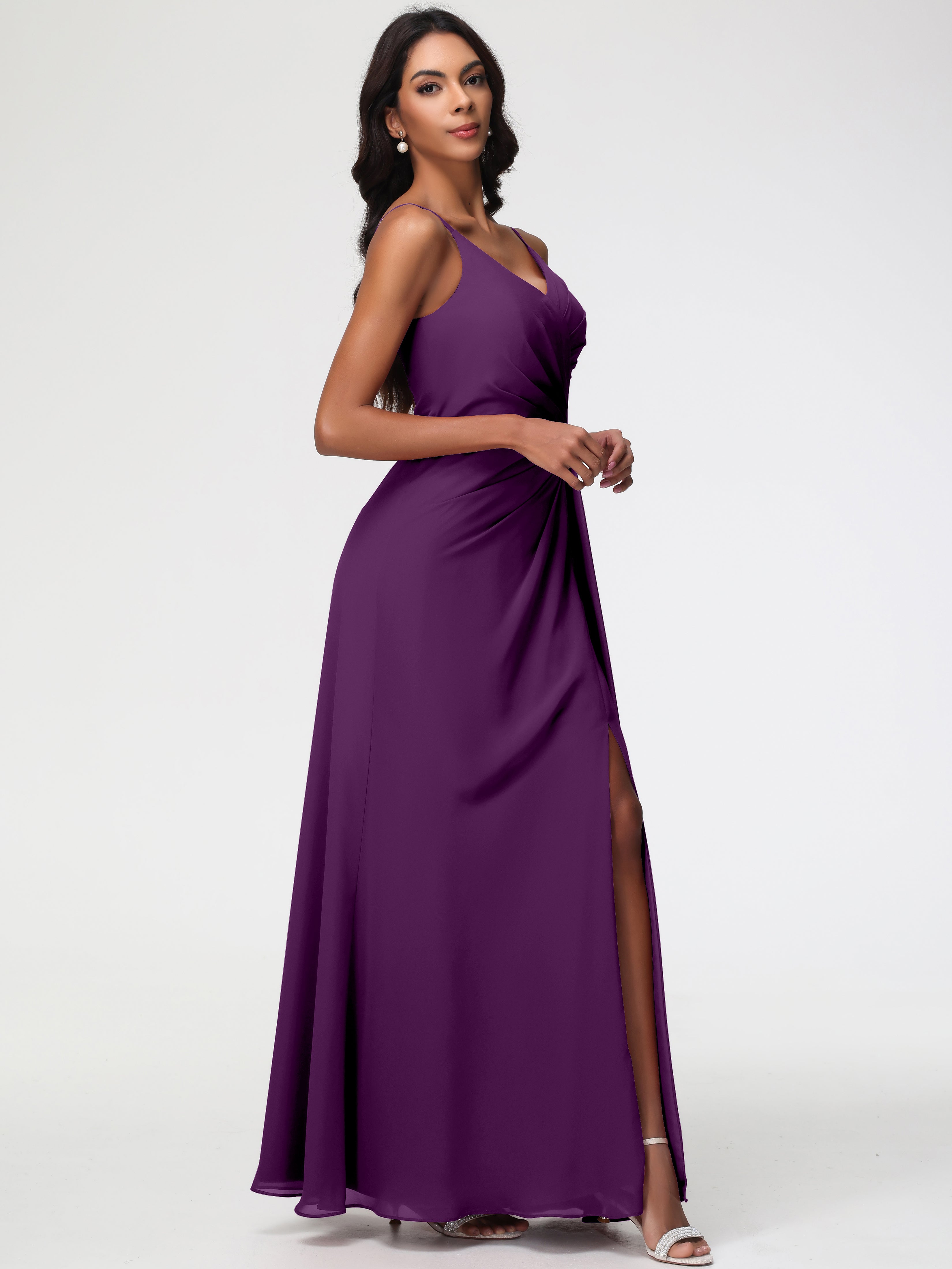 A-Line V-Neck Sleeveless Spaghetti Straps Pleats Chiffon Bridesmaid Dresses With Split