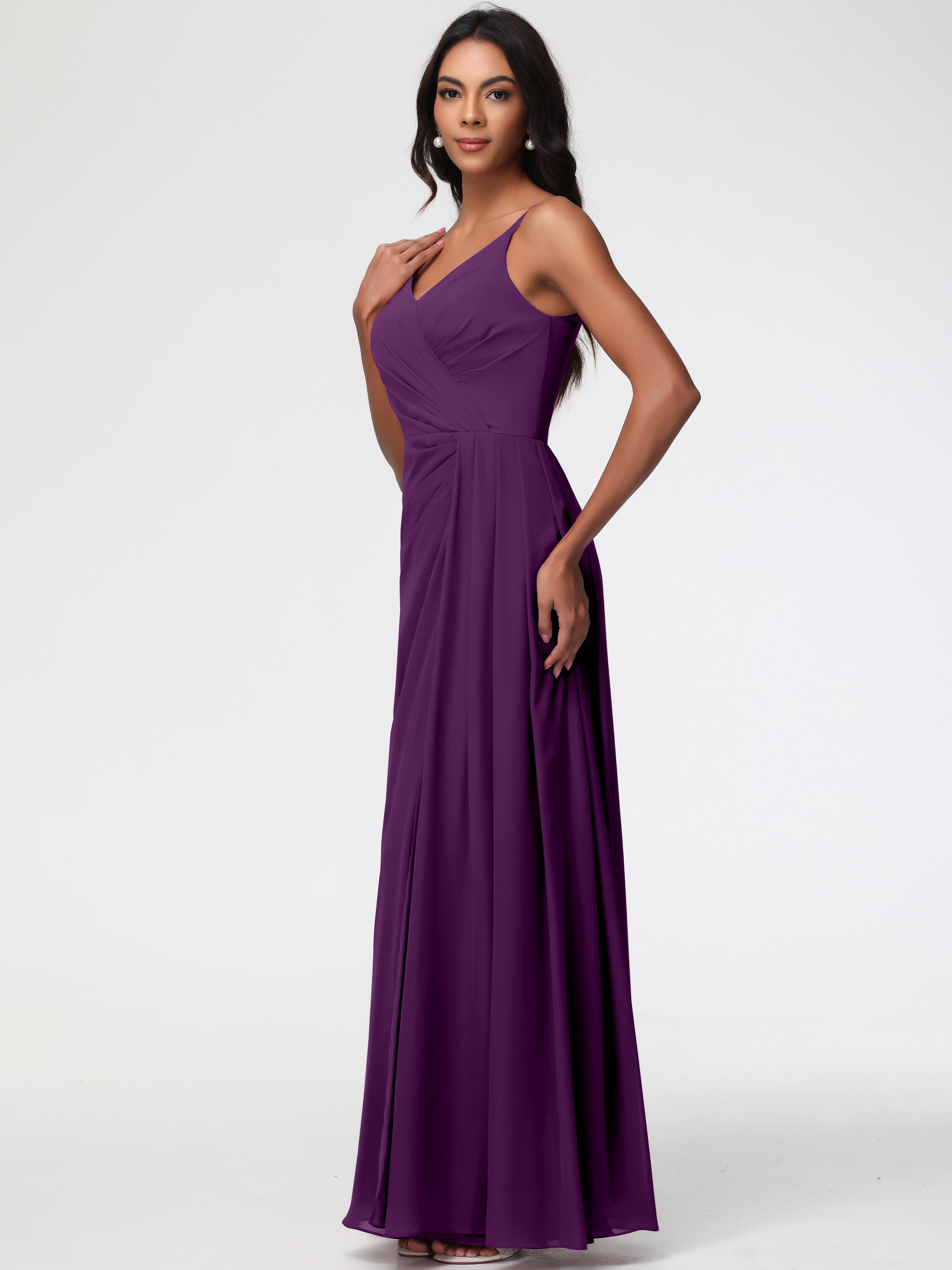 A-Line V-Neck Sleeveless Spaghetti Straps Pleats Chiffon Bridesmaid Dresses With Split