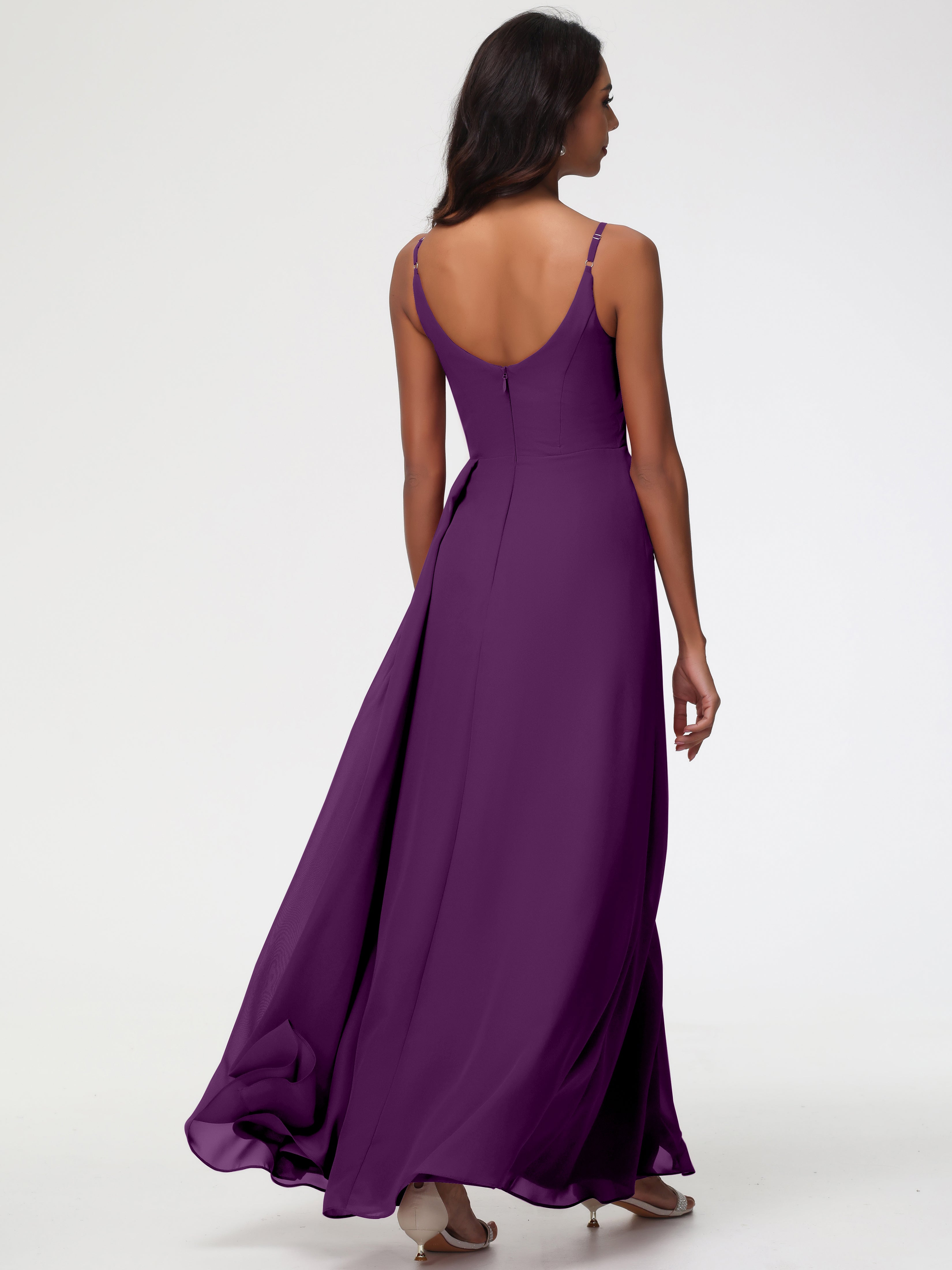 A-Line V-Neck Sleeveless Spaghetti Straps Pleats Chiffon Bridesmaid Dresses With Split
