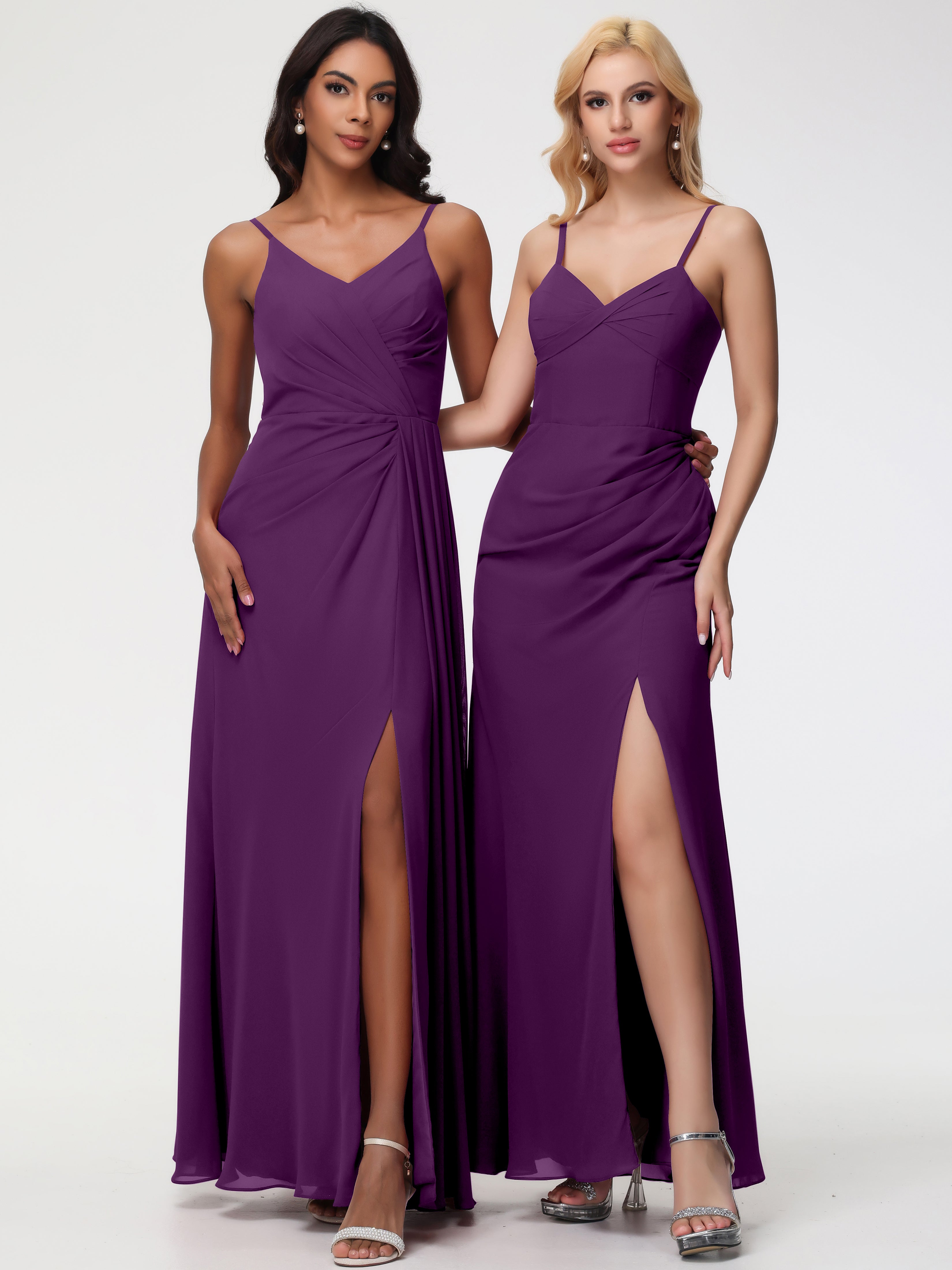 A-Line V-Neck Sleeveless Spaghetti Straps Pleats Chiffon Bridesmaid Dresses With Split