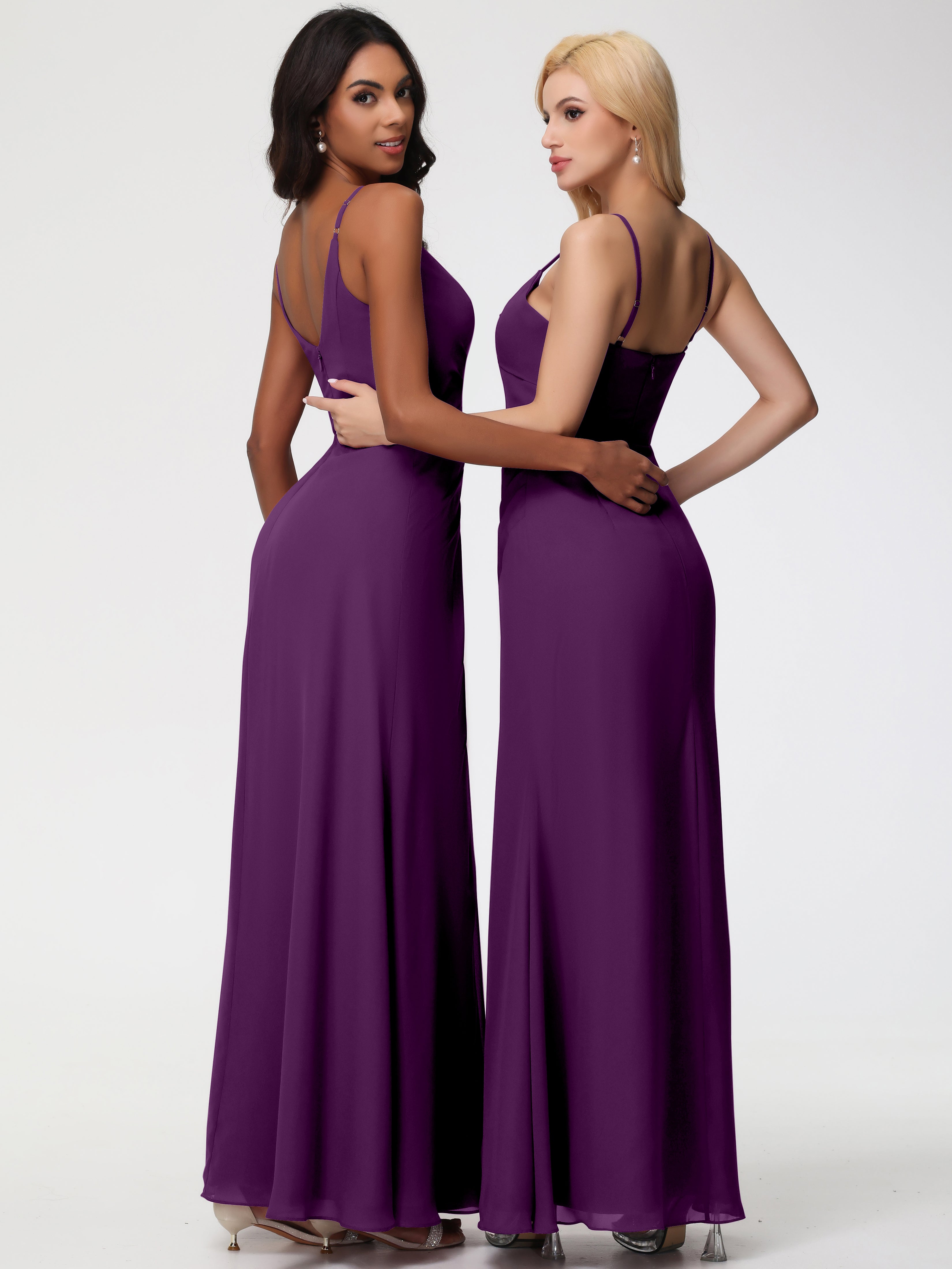 A-Line V-Neck Sleeveless Spaghetti Straps Pleats Chiffon Bridesmaid Dresses With Split