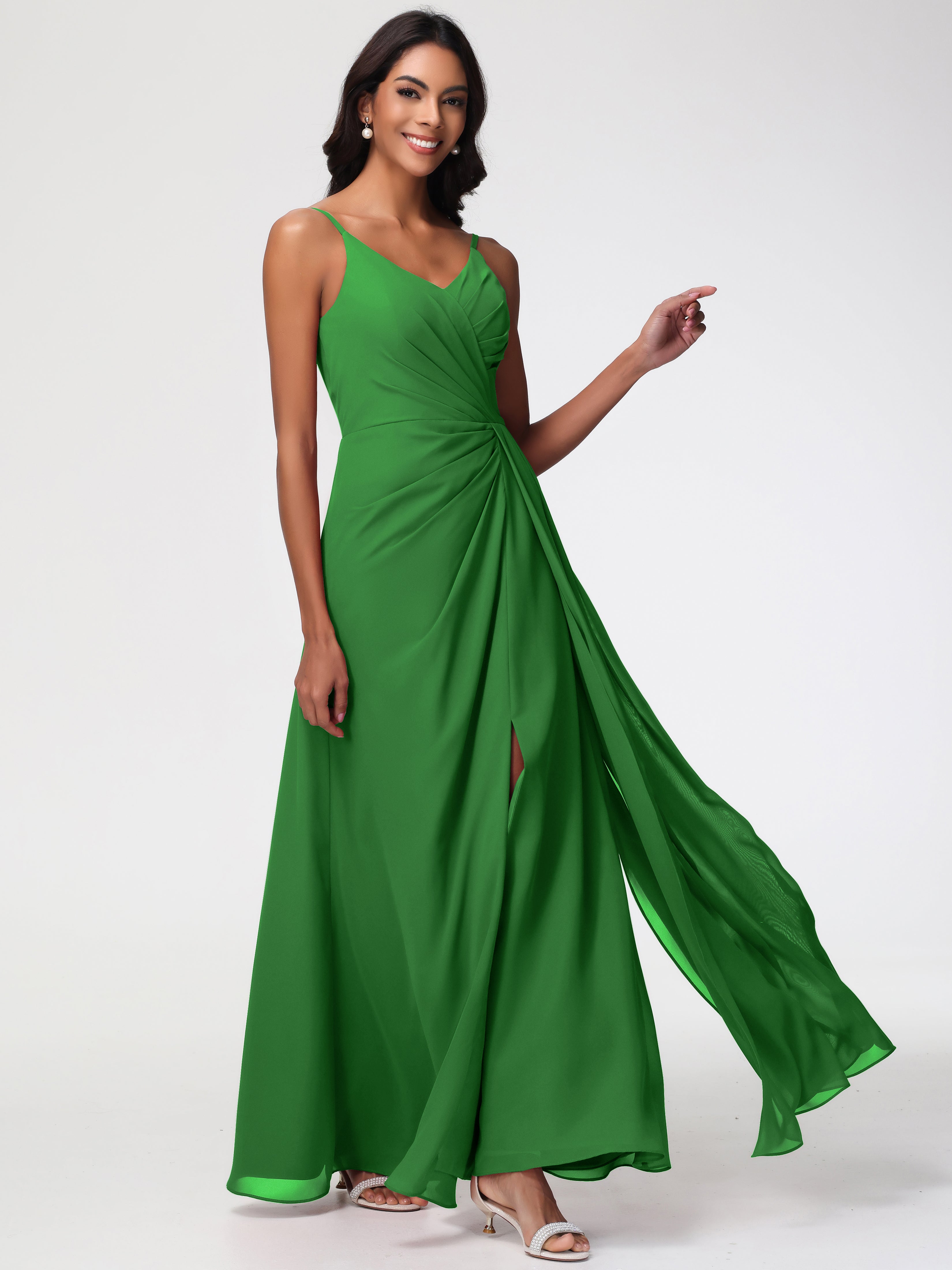 A-Line V-Neck Sleeveless Spaghetti Straps Pleats Chiffon Bridesmaid Dresses With Split