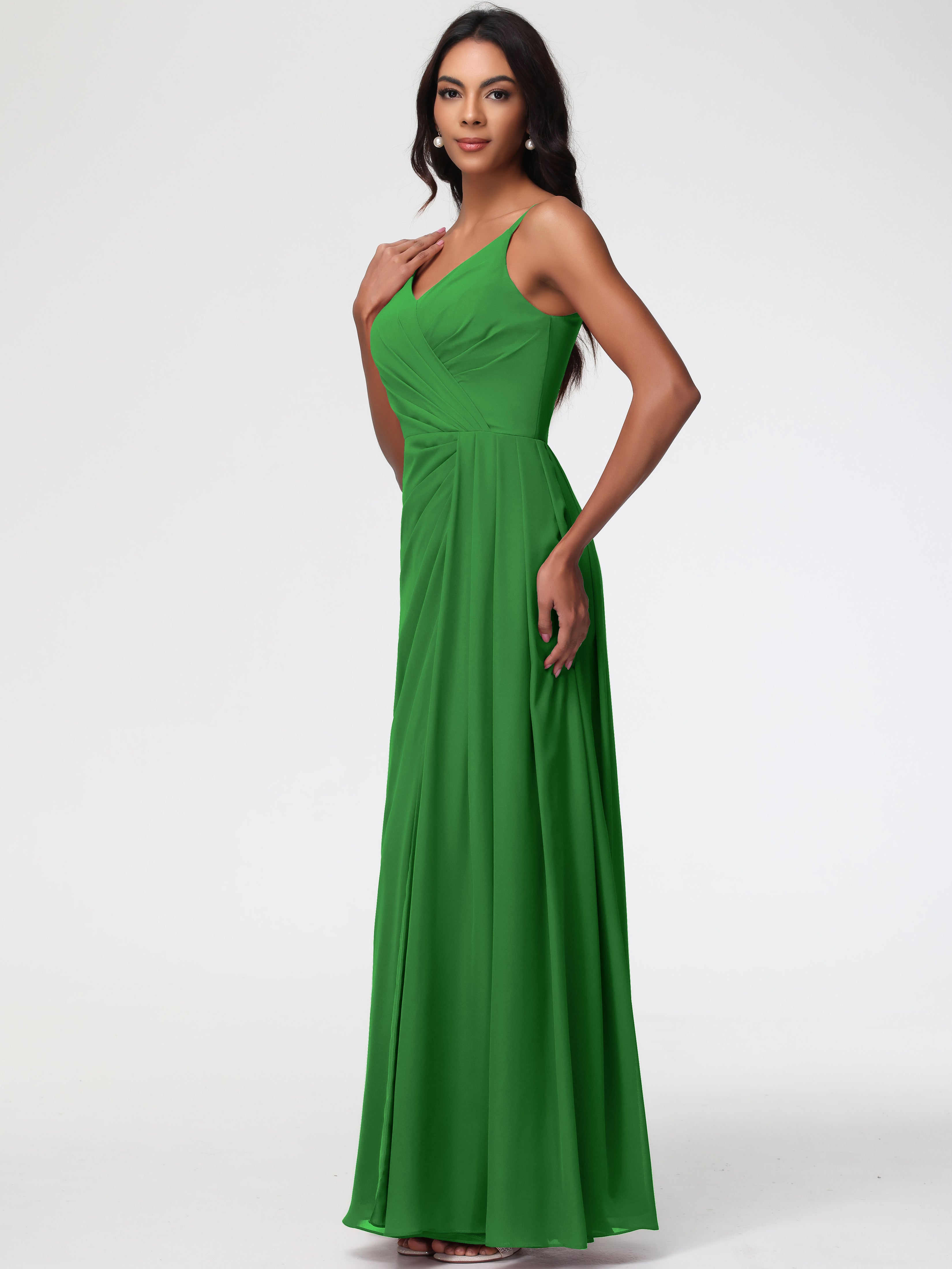 A-Line V-Neck Sleeveless Spaghetti Straps Pleats Chiffon Bridesmaid Dresses With Split