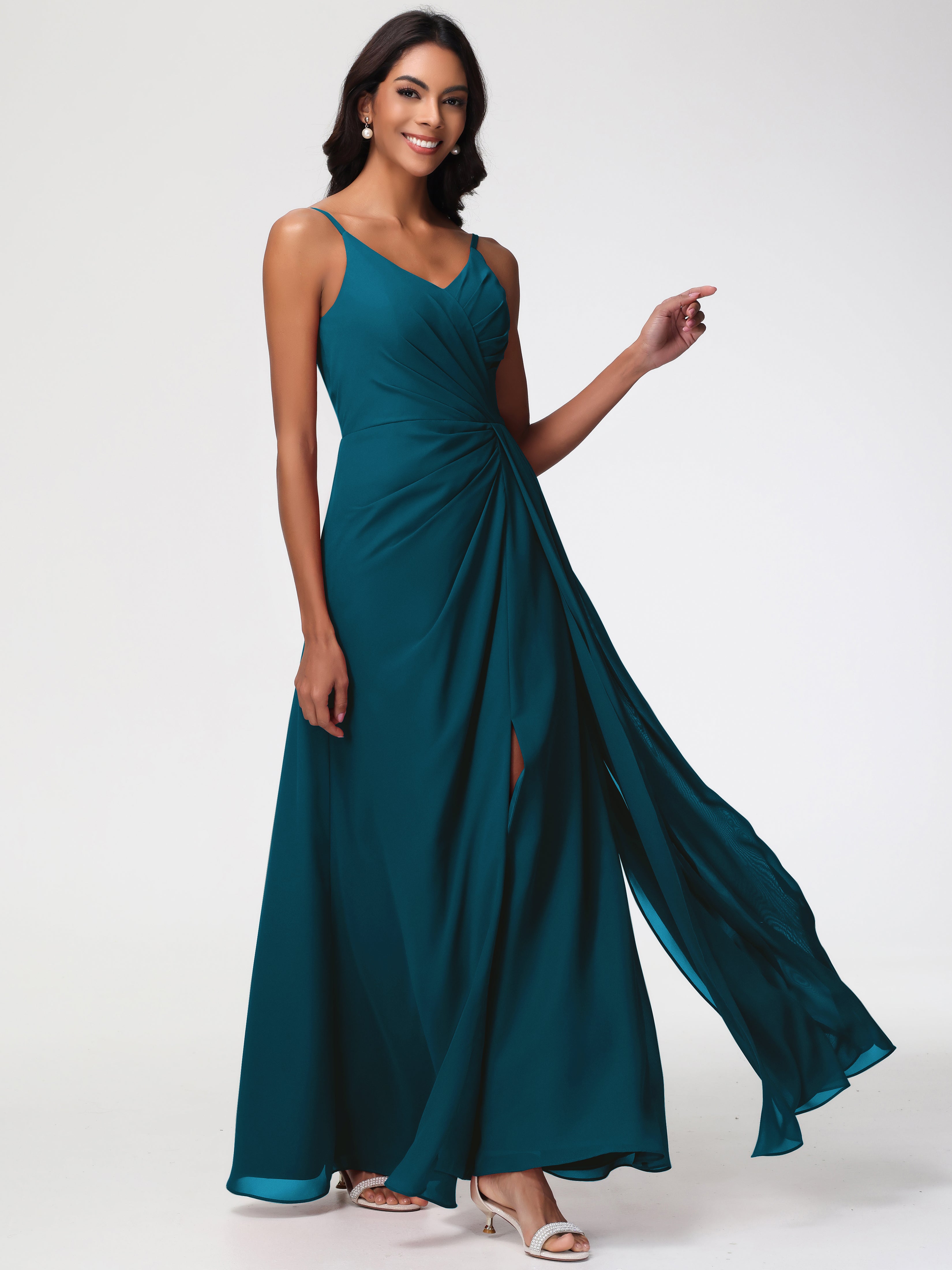 A-Line V-Neck Sleeveless Spaghetti Straps Pleats Chiffon Bridesmaid Dresses With Split