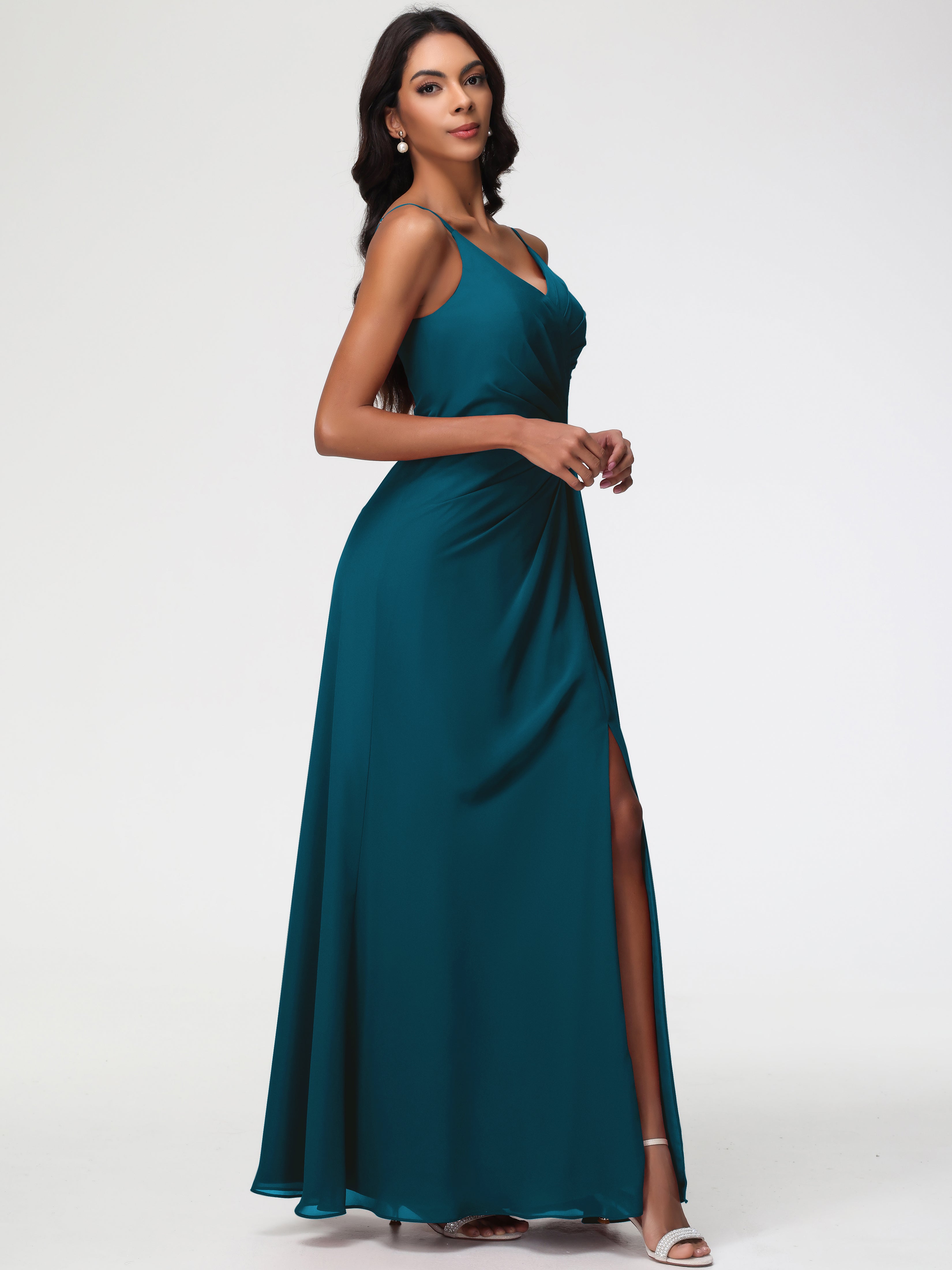 A-Line V-Neck Sleeveless Spaghetti Straps Pleats Chiffon Bridesmaid Dresses With Split