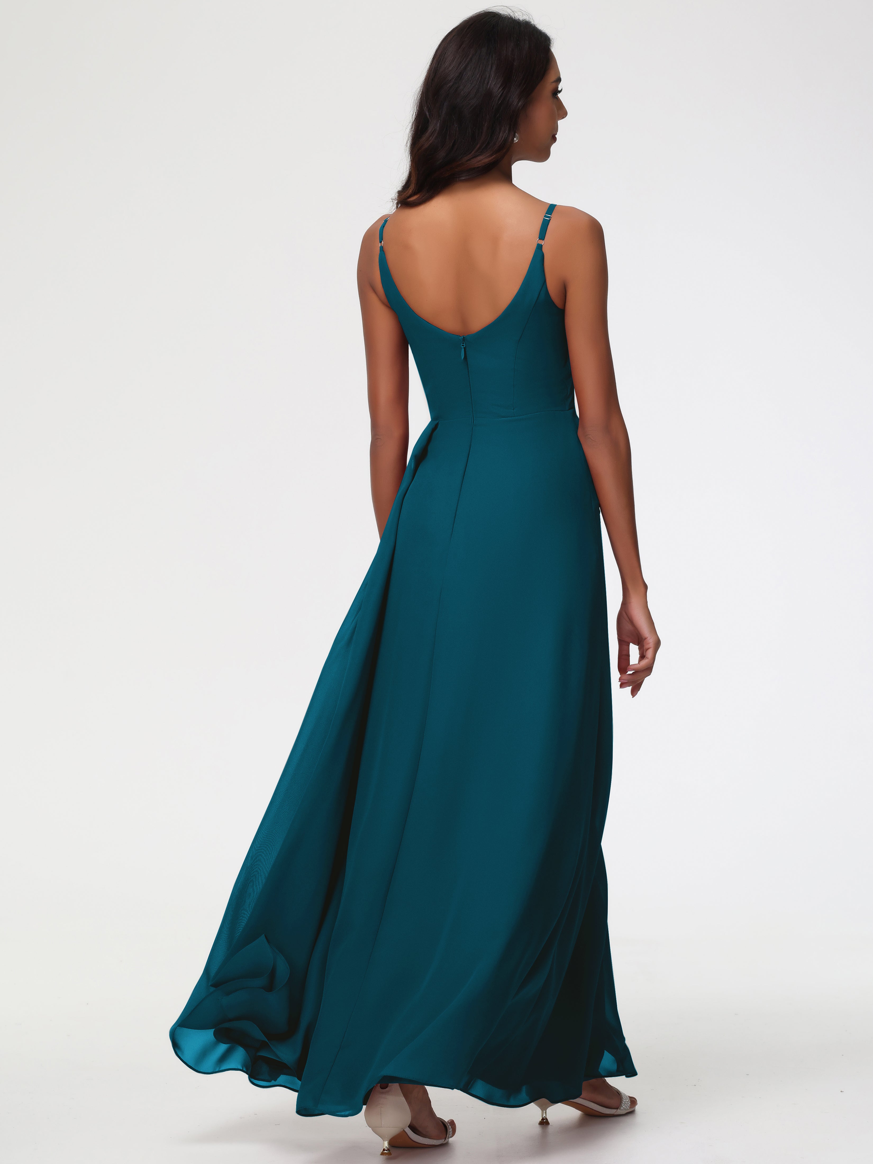 A-Line V-Neck Sleeveless Spaghetti Straps Pleats Chiffon Bridesmaid Dresses With Split