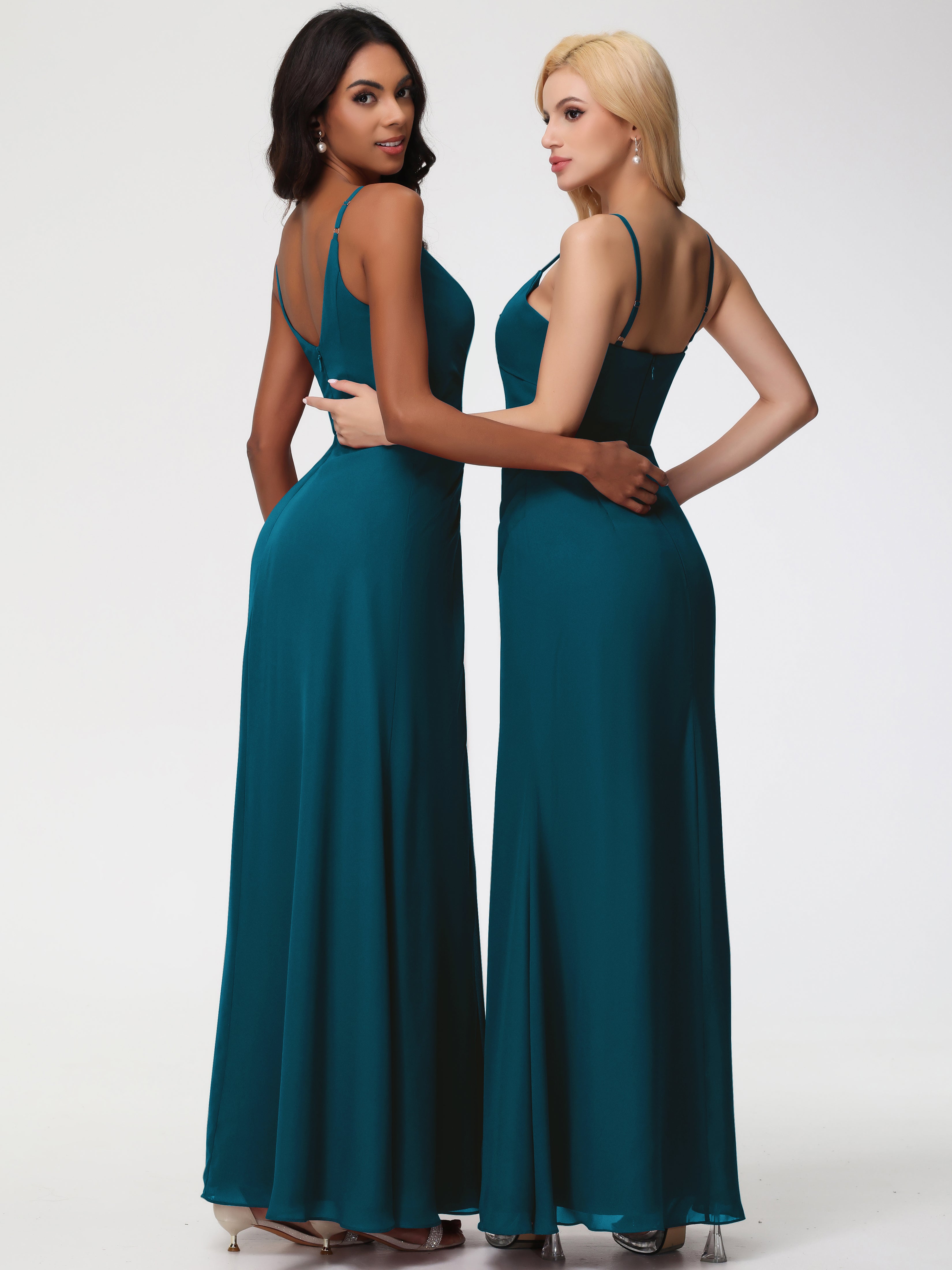 A-Line V-Neck Sleeveless Spaghetti Straps Pleats Chiffon Bridesmaid Dresses With Split