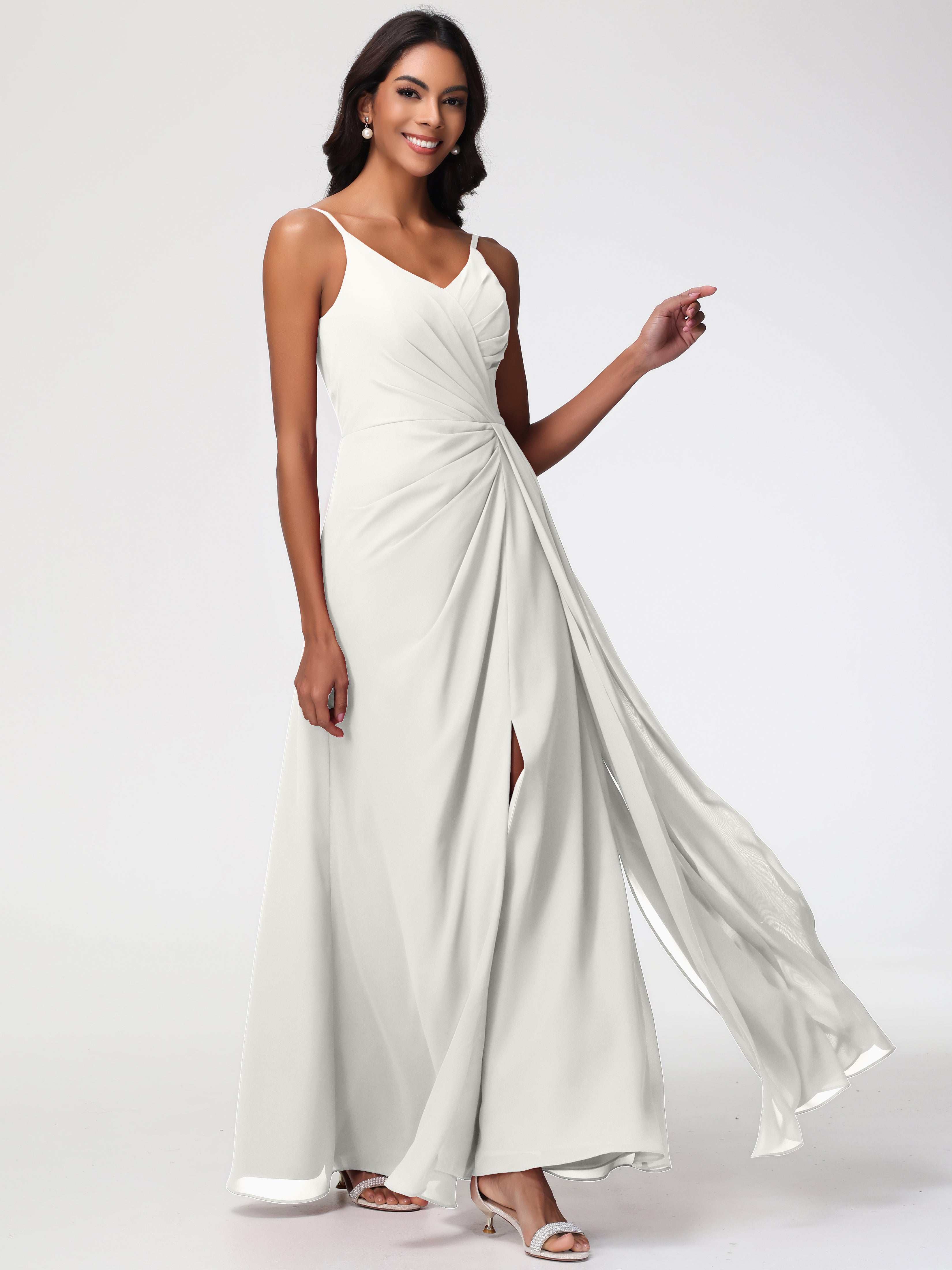 A-Line V-Neck Sleeveless Spaghetti Straps Pleats Chiffon Bridesmaid Dresses With Split