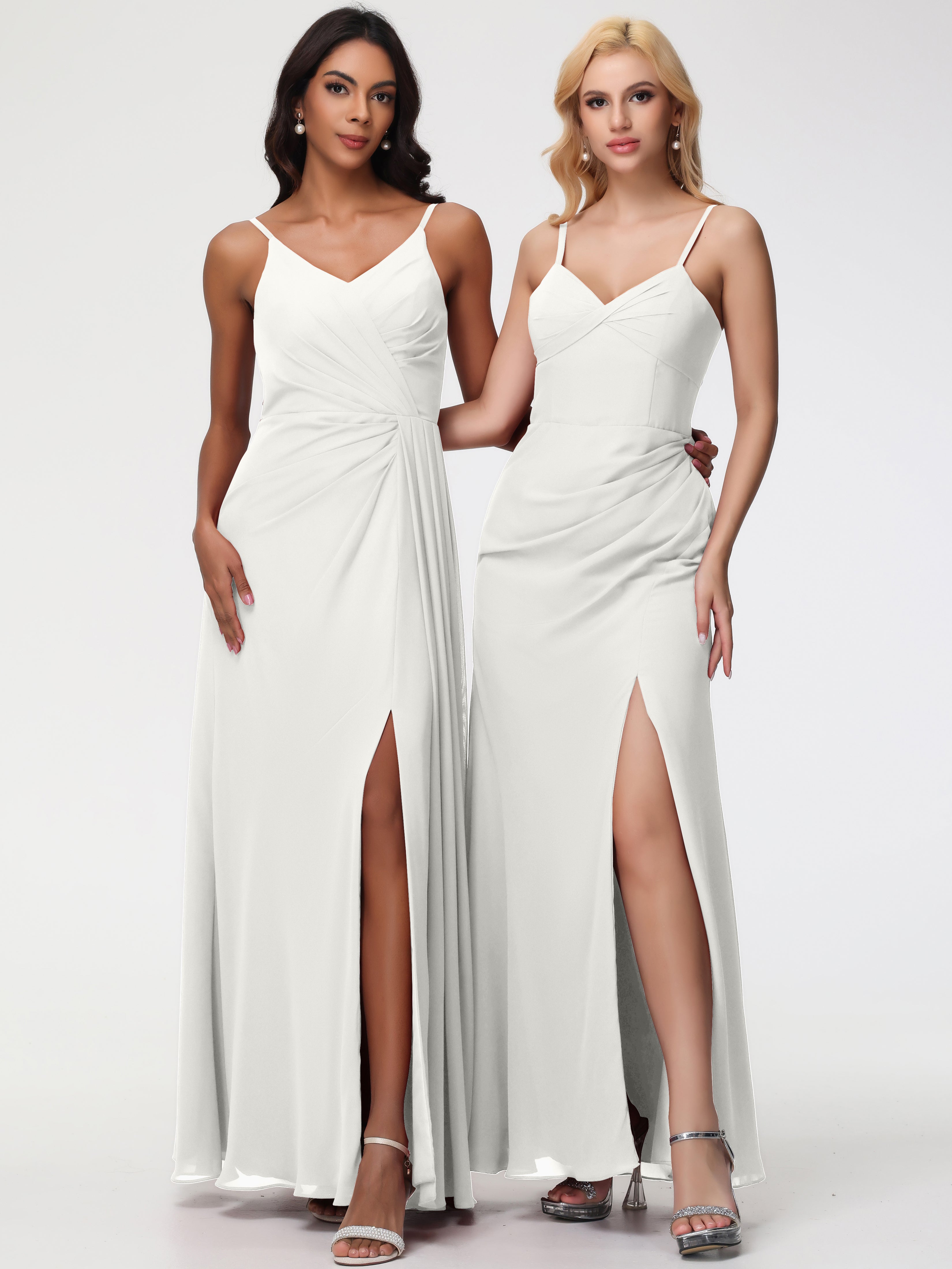 A-Line V-Neck Sleeveless Spaghetti Straps Pleats Chiffon Bridesmaid Dresses With Split