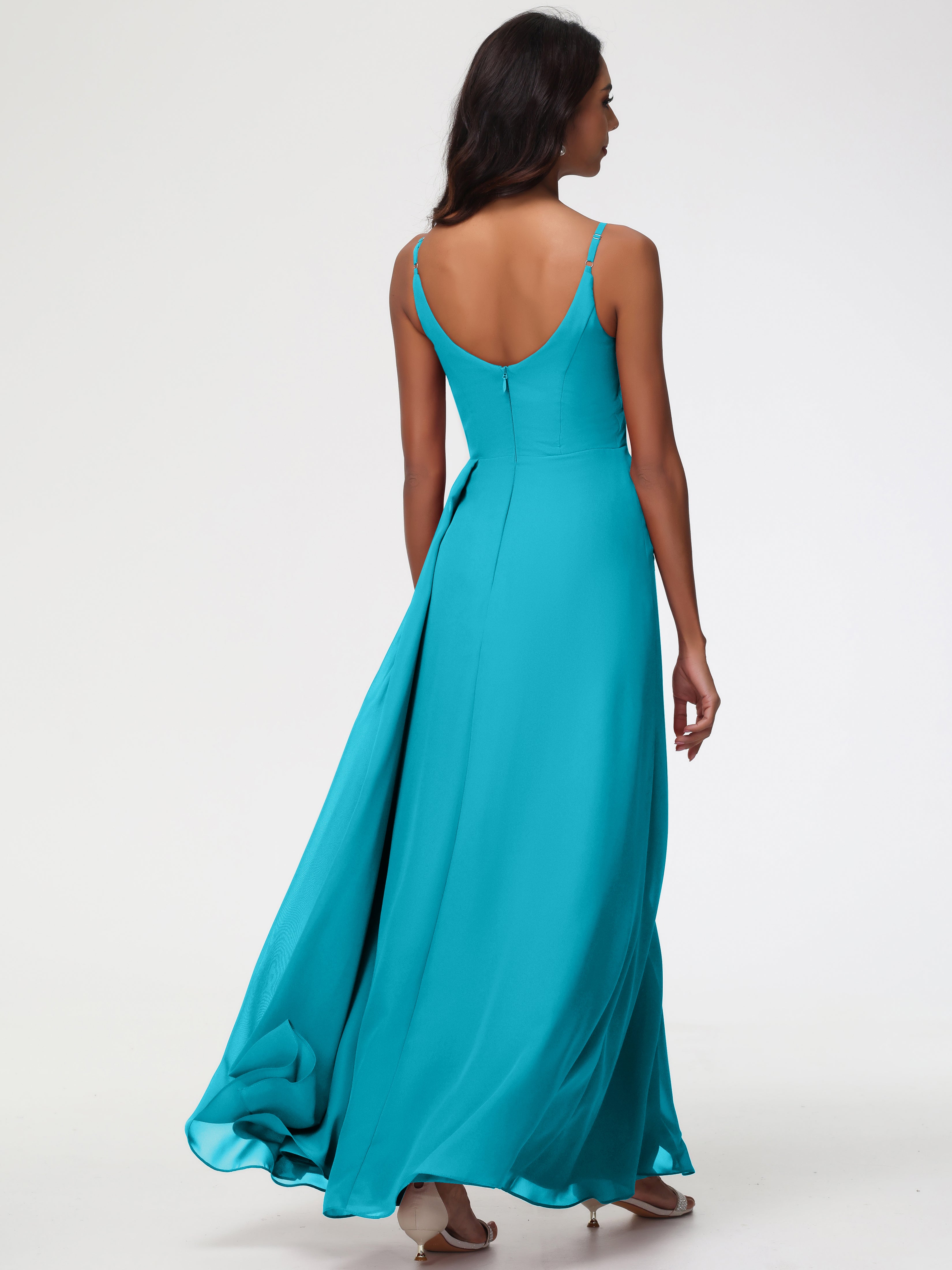 A-Line V-Neck Sleeveless Spaghetti Straps Pleats Chiffon Bridesmaid Dresses With Split