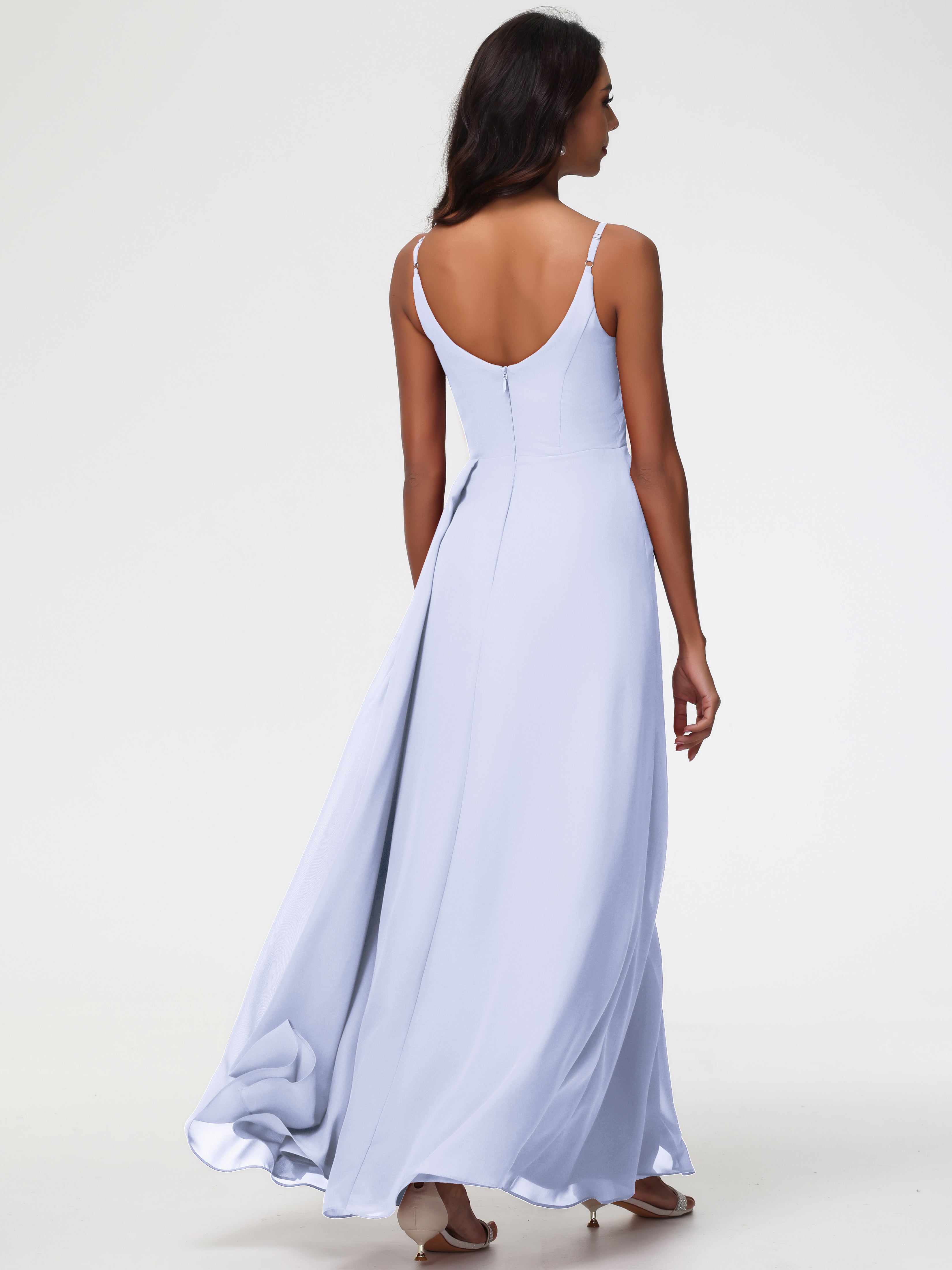 A-Line V-Neck Sleeveless Spaghetti Straps Pleats Chiffon Bridesmaid Dresses With Split