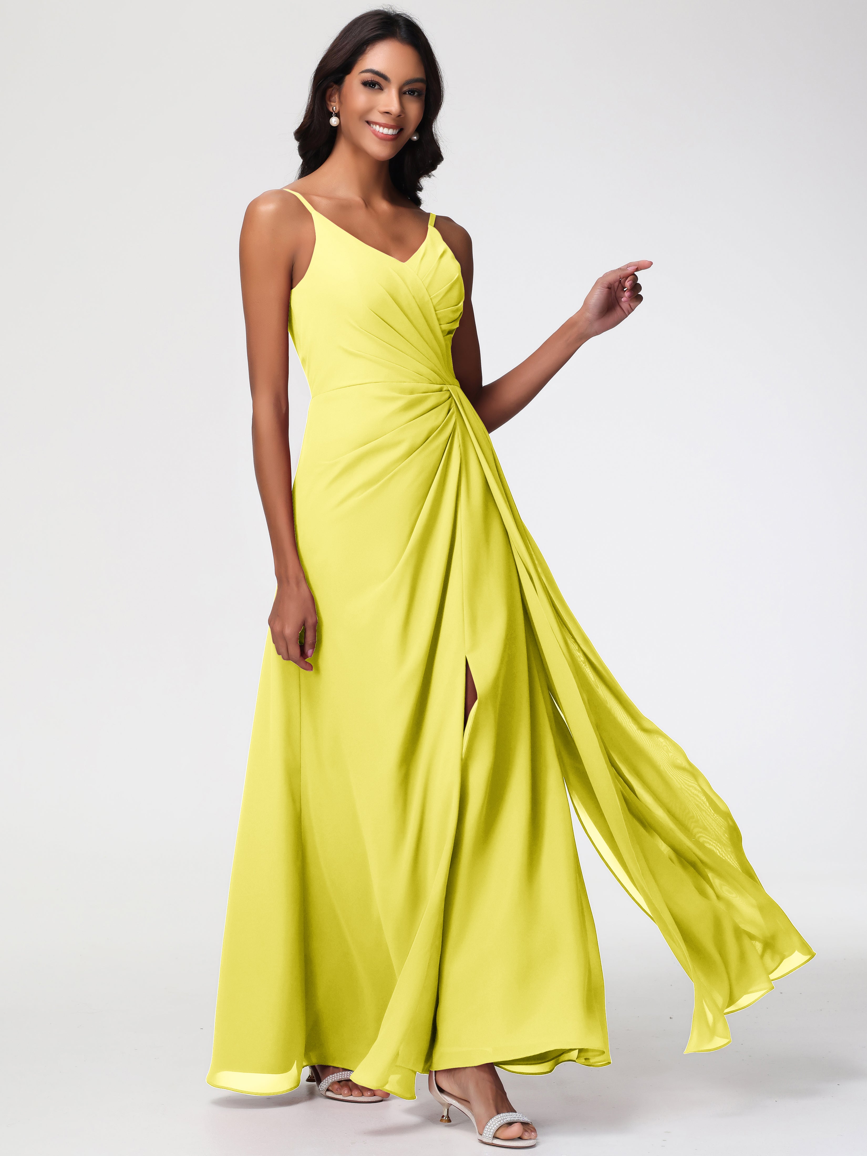 A-Line V-Neck Sleeveless Spaghetti Straps Pleats Chiffon Bridesmaid Dresses With Split