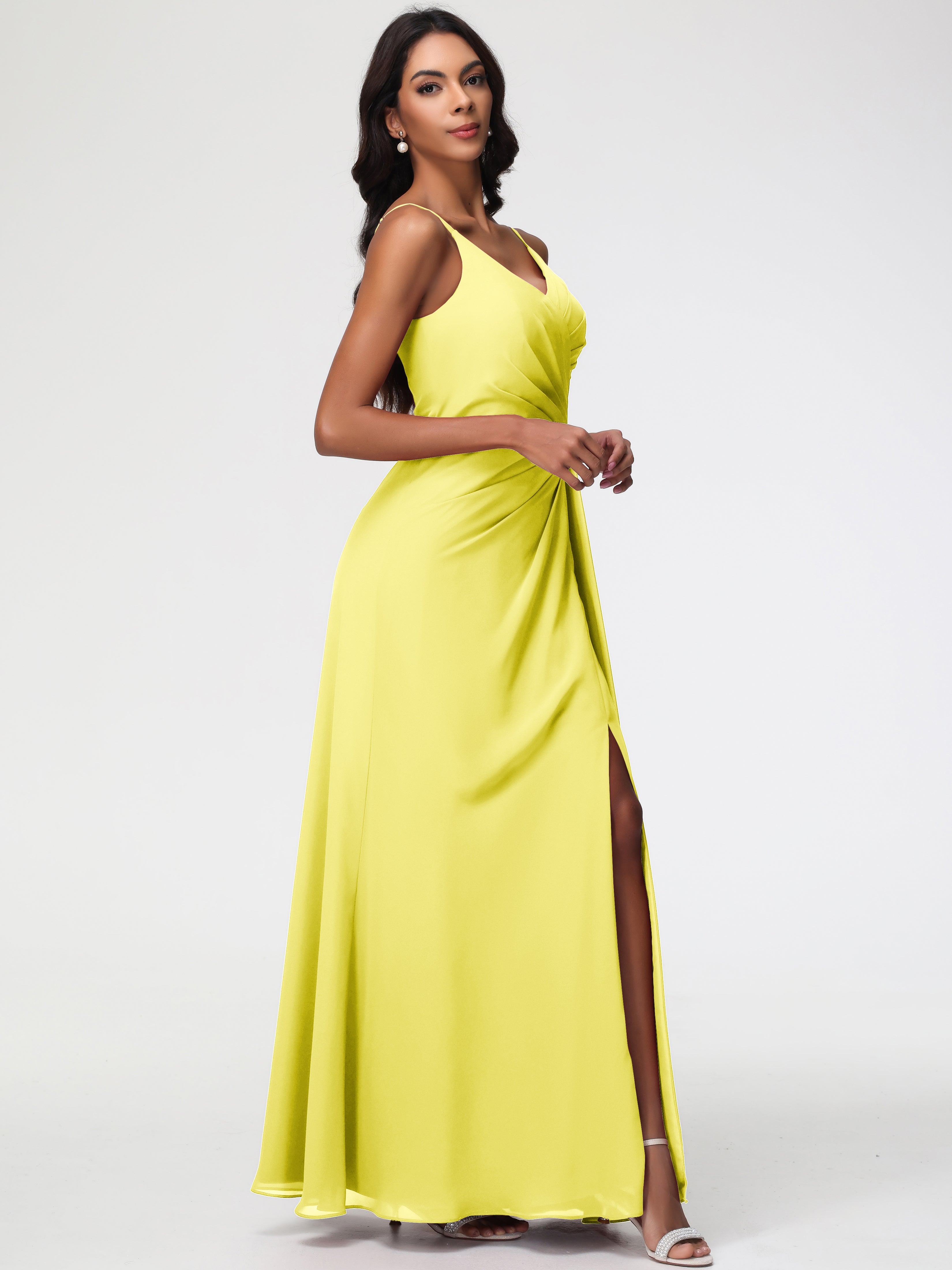 A-Line V-Neck Sleeveless Spaghetti Straps Pleats Chiffon Bridesmaid Dresses With Split