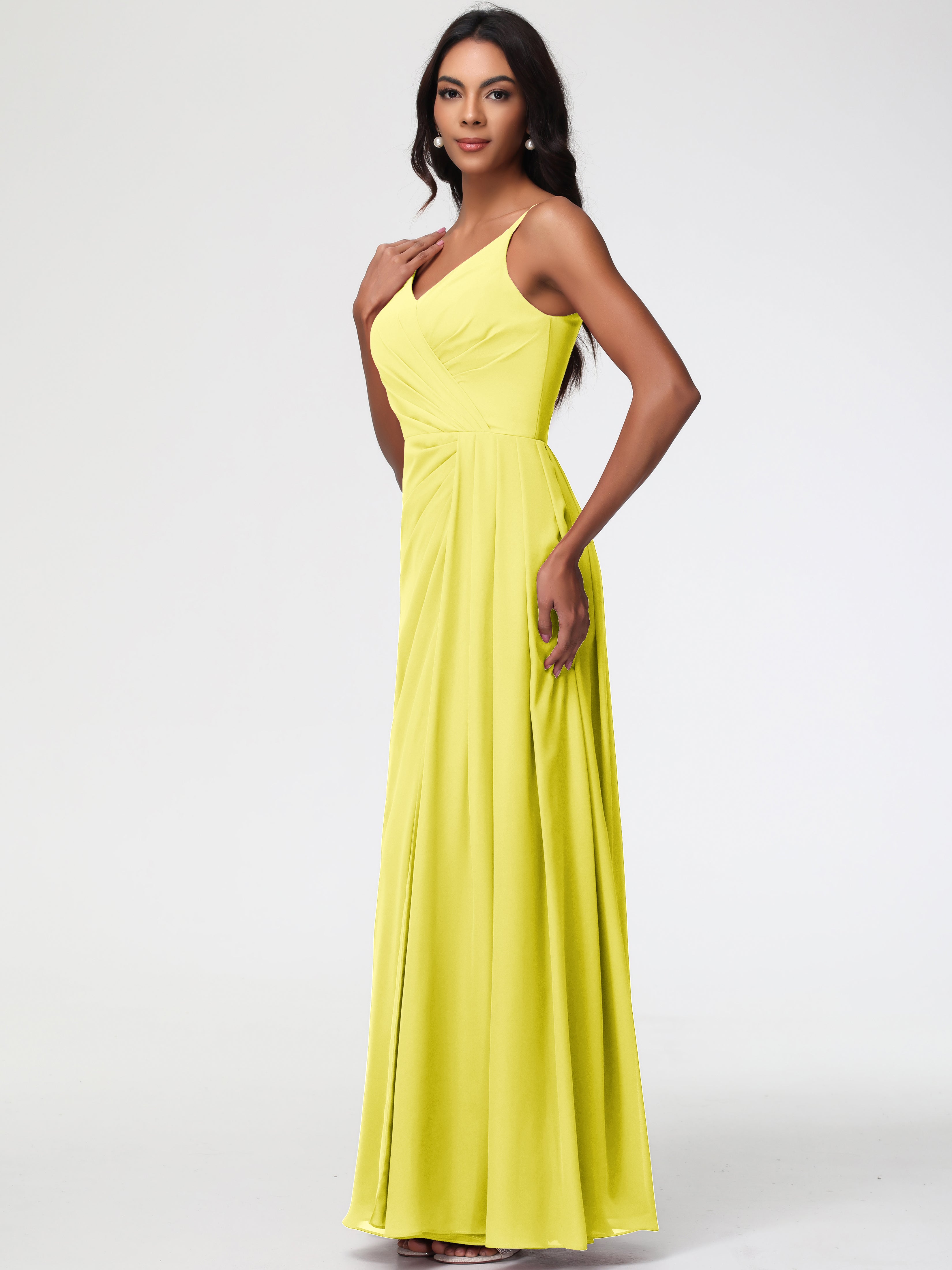 A-Line V-Neck Sleeveless Spaghetti Straps Pleats Chiffon Bridesmaid Dresses With Split